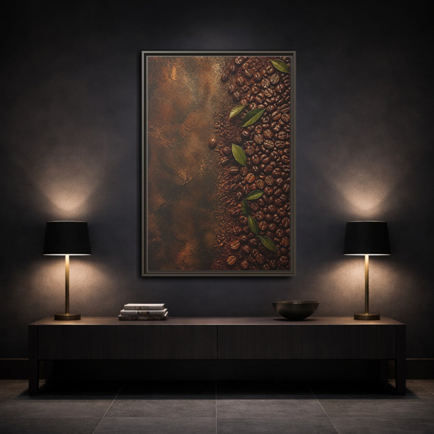 Mockup 3. Nature Coffee Beans Brown Coffee Beans shown as stretched canvas wall art