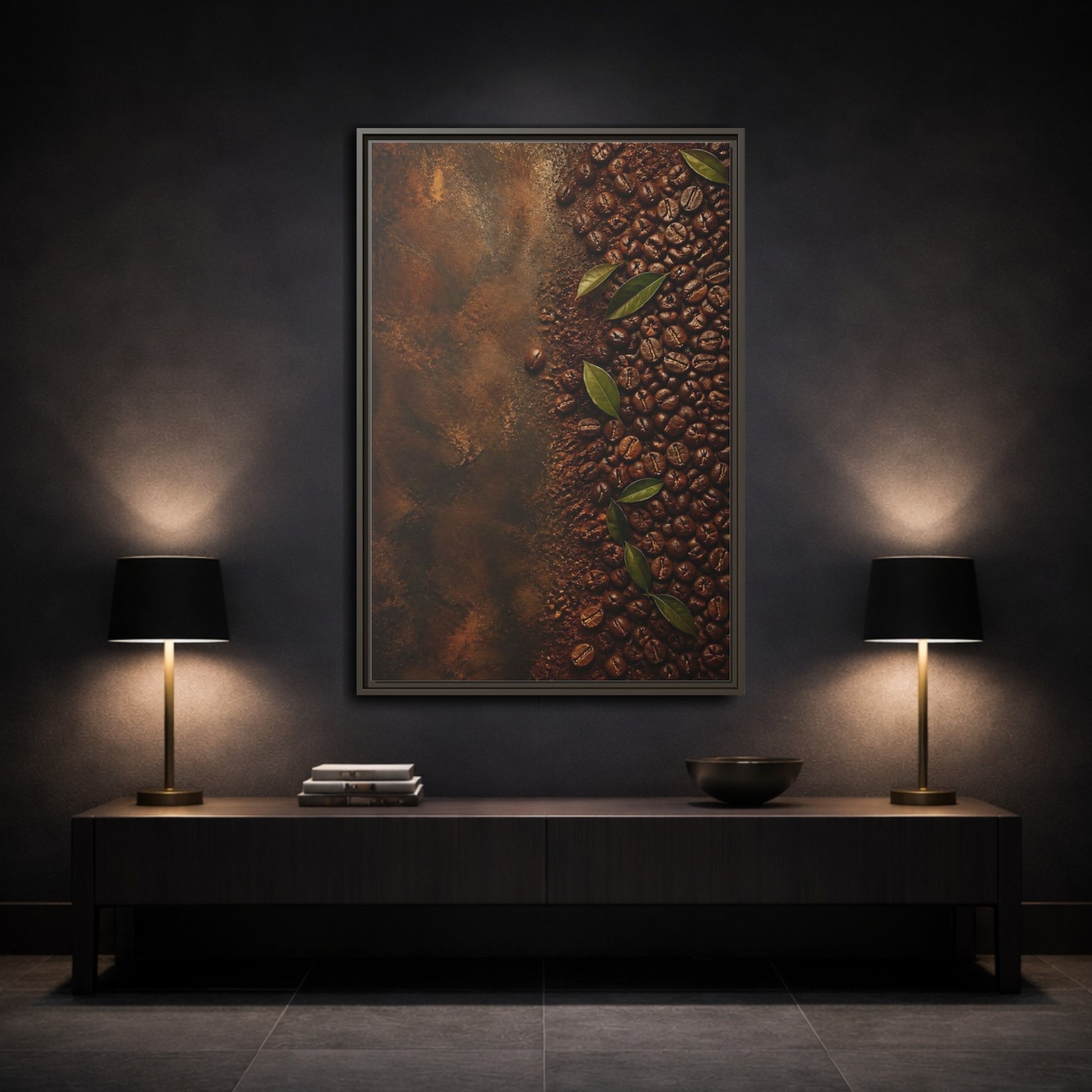 Mockup 3. Nature Coffee Beans Brown Coffee Beans shown as stretched canvas wall art