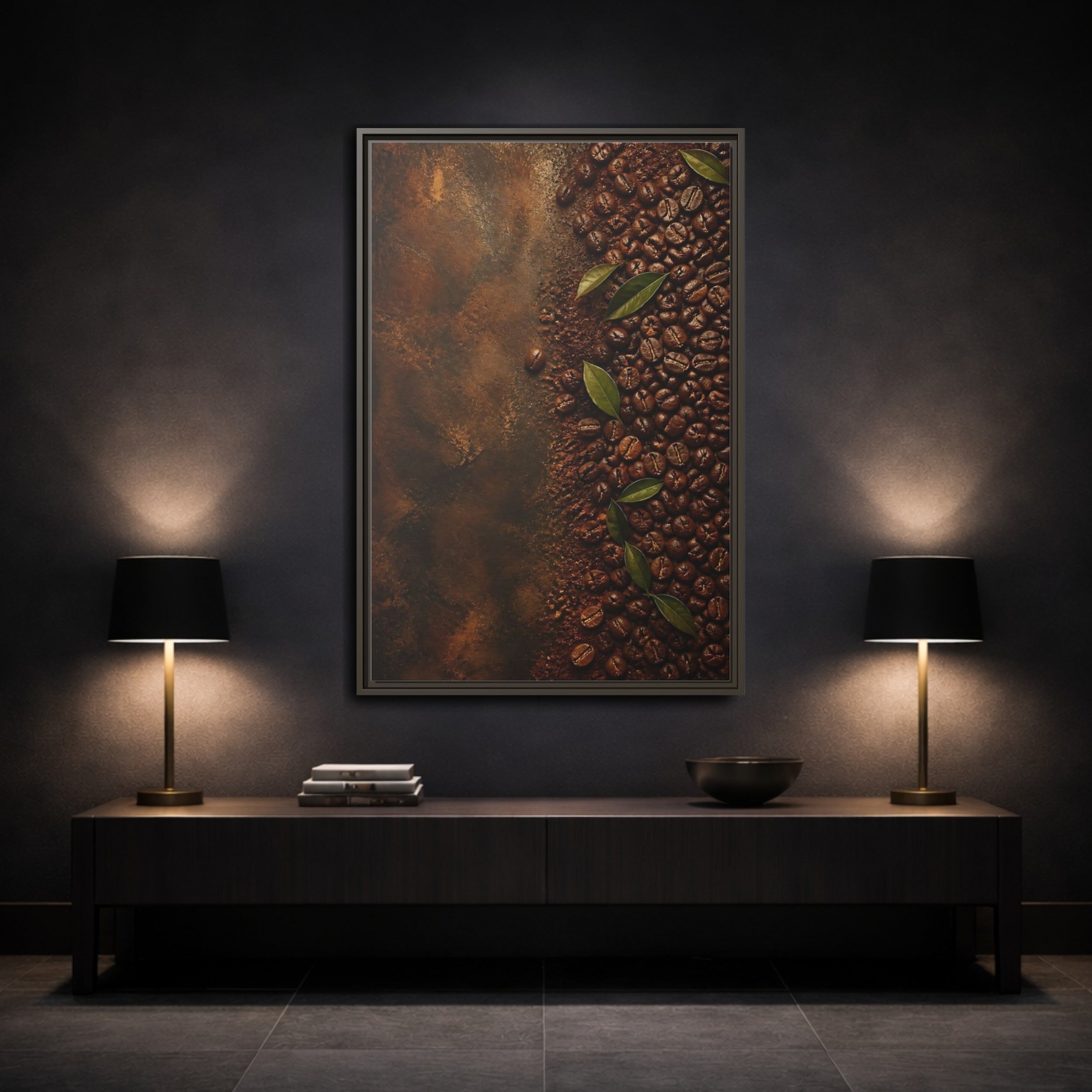 Mockup 3. Nature Coffee Beans Brown Coffee Beans shown as stretched canvas wall art