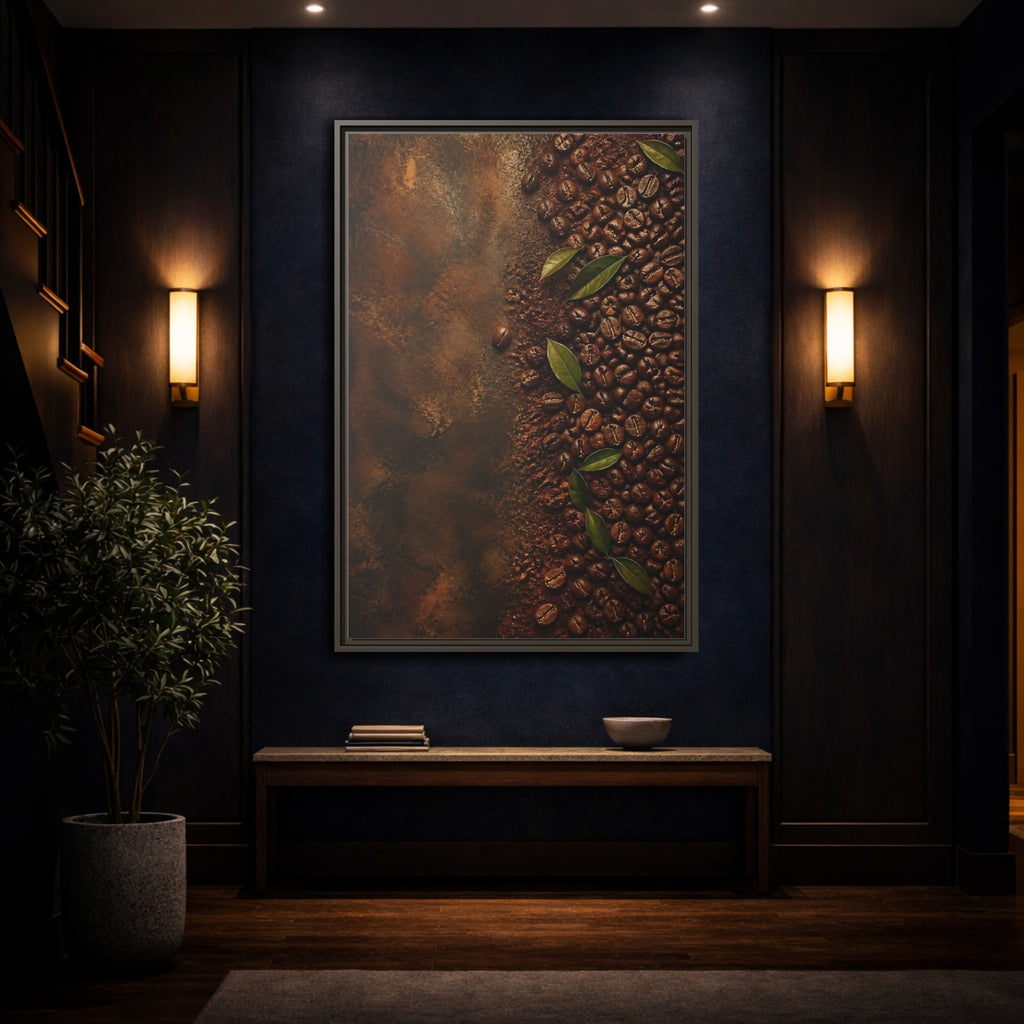 Mockup 4. Nature Coffee Beans Brown Coffee Beans shown as stretched canvas wall art