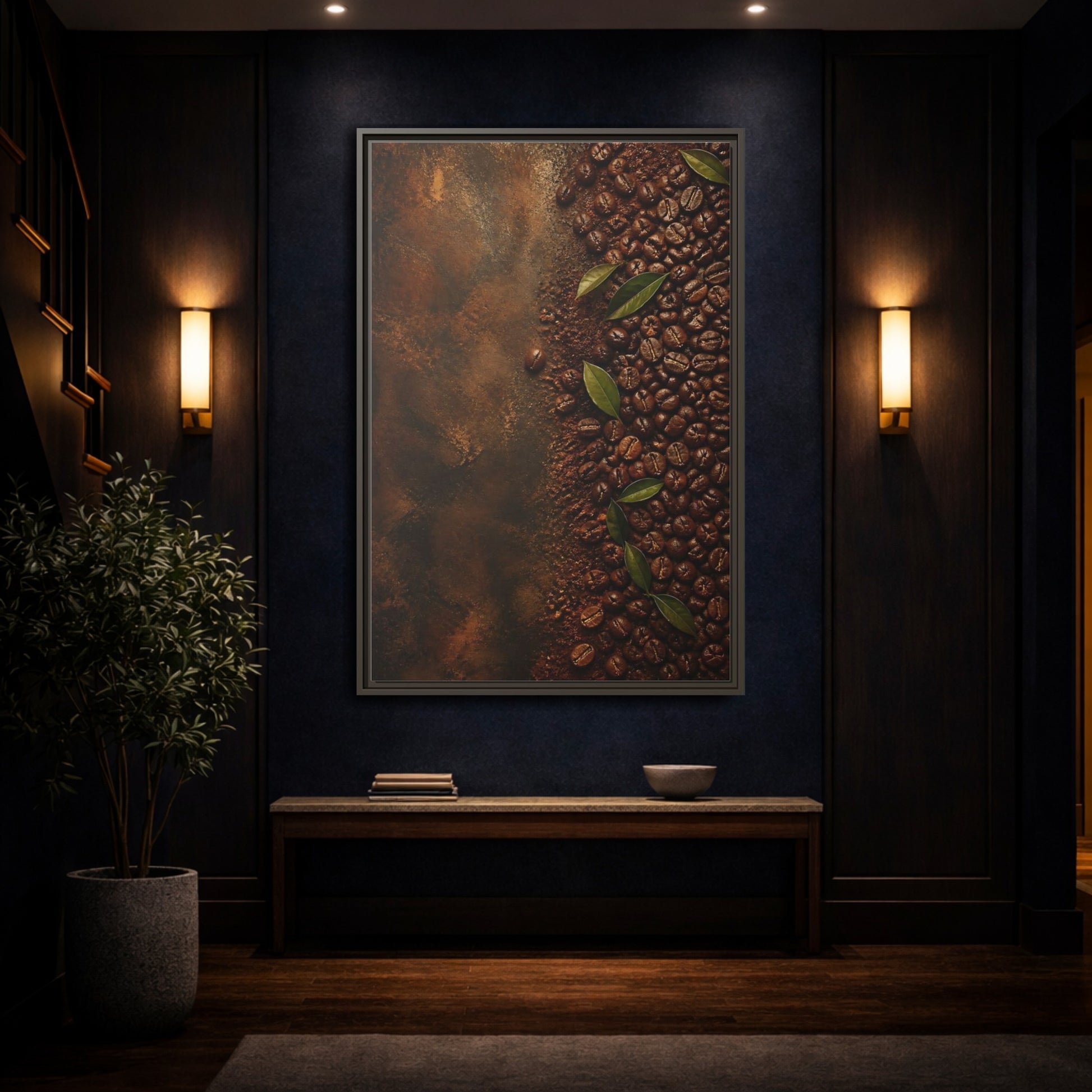 Mockup 4. Nature Coffee Beans Brown Coffee Beans shown as stretched canvas wall art