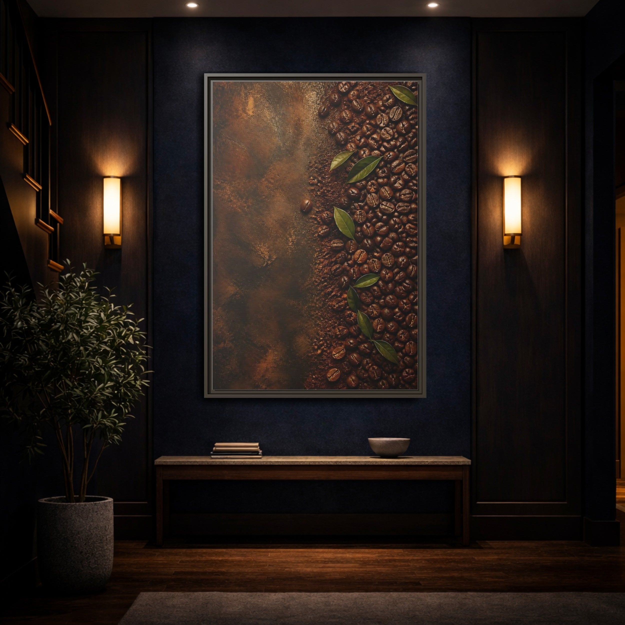 Mockup 4. Nature Coffee Beans Brown Coffee Beans shown as stretched canvas wall art