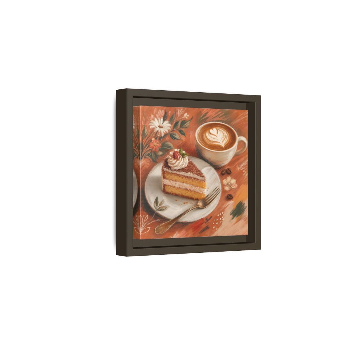 Side Mockup 2. Nature Coffee Cake Coffee Cake Art shown as stretched canvas wall art