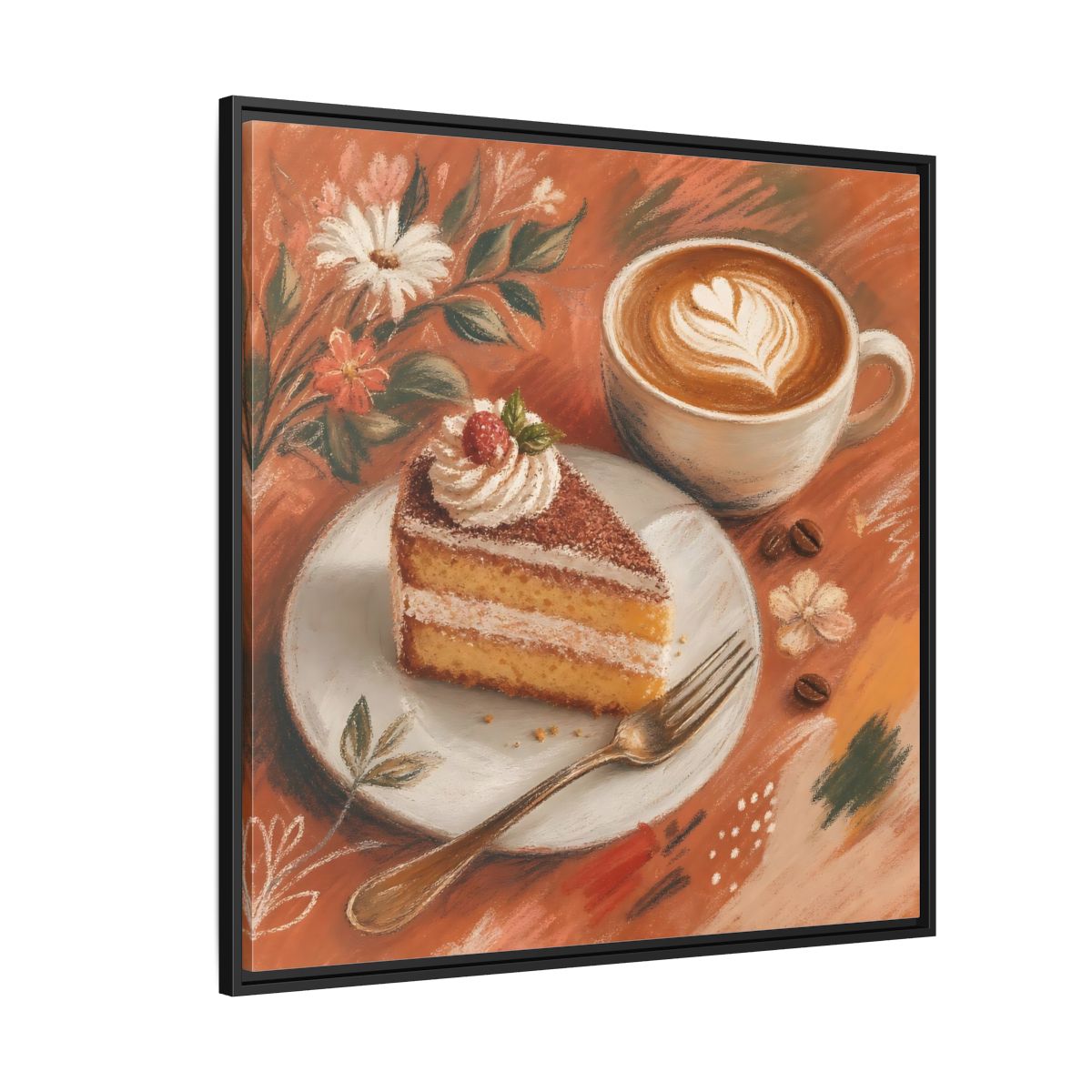 Side Mockup 6. Nature Coffee Cake Coffee Cake Art shown as stretched canvas wall art