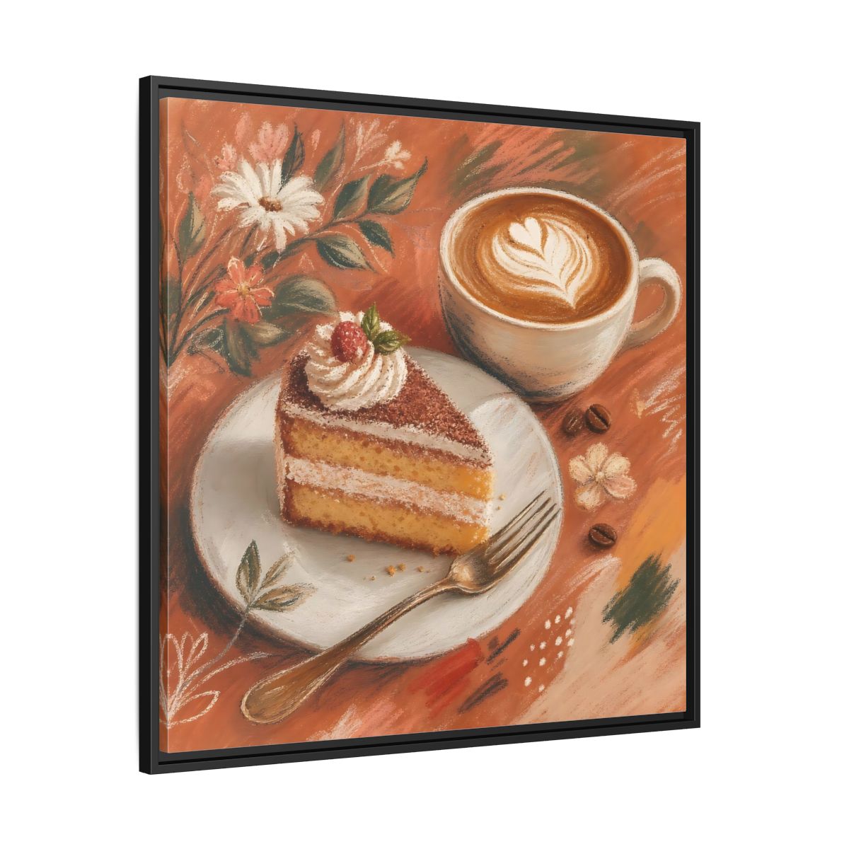 Side Mockup 30. Nature Coffee Cake Coffee Cake Art shown as stretched canvas wall art