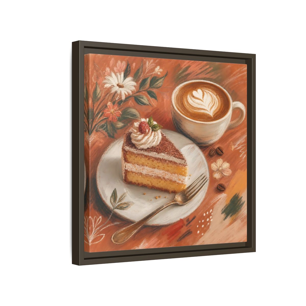 Side Mockup 14. Nature Coffee Cake Coffee Cake Art shown as stretched canvas wall art