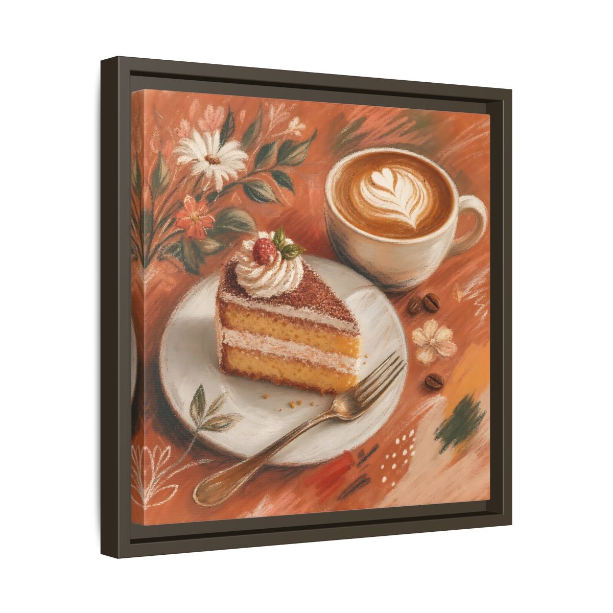 Side Mockup 29. Nature Coffee Cake Coffee Cake Art shown as stretched canvas wall art