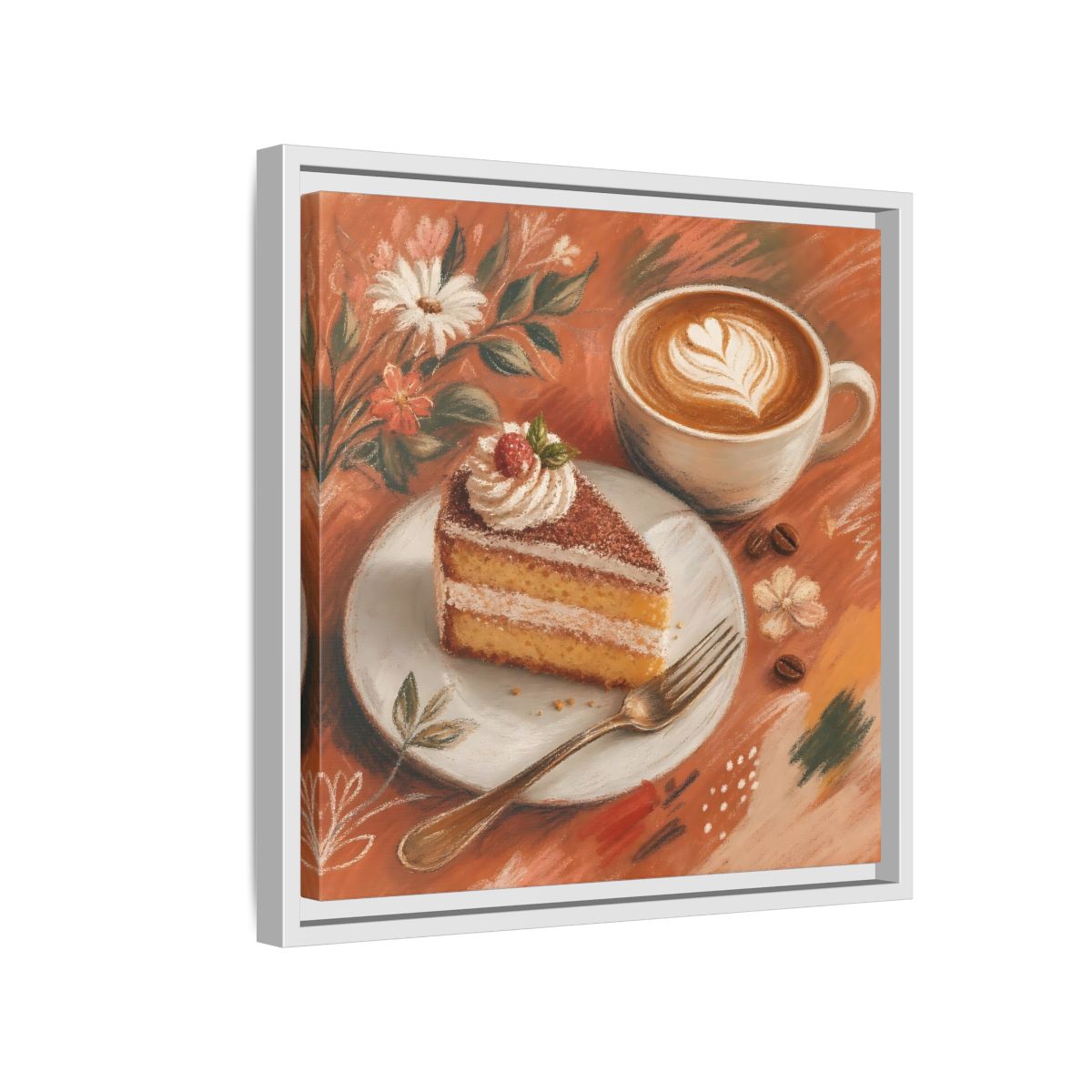 Side Mockup 13. Nature Coffee Cake Coffee Cake Art shown as stretched canvas wall art