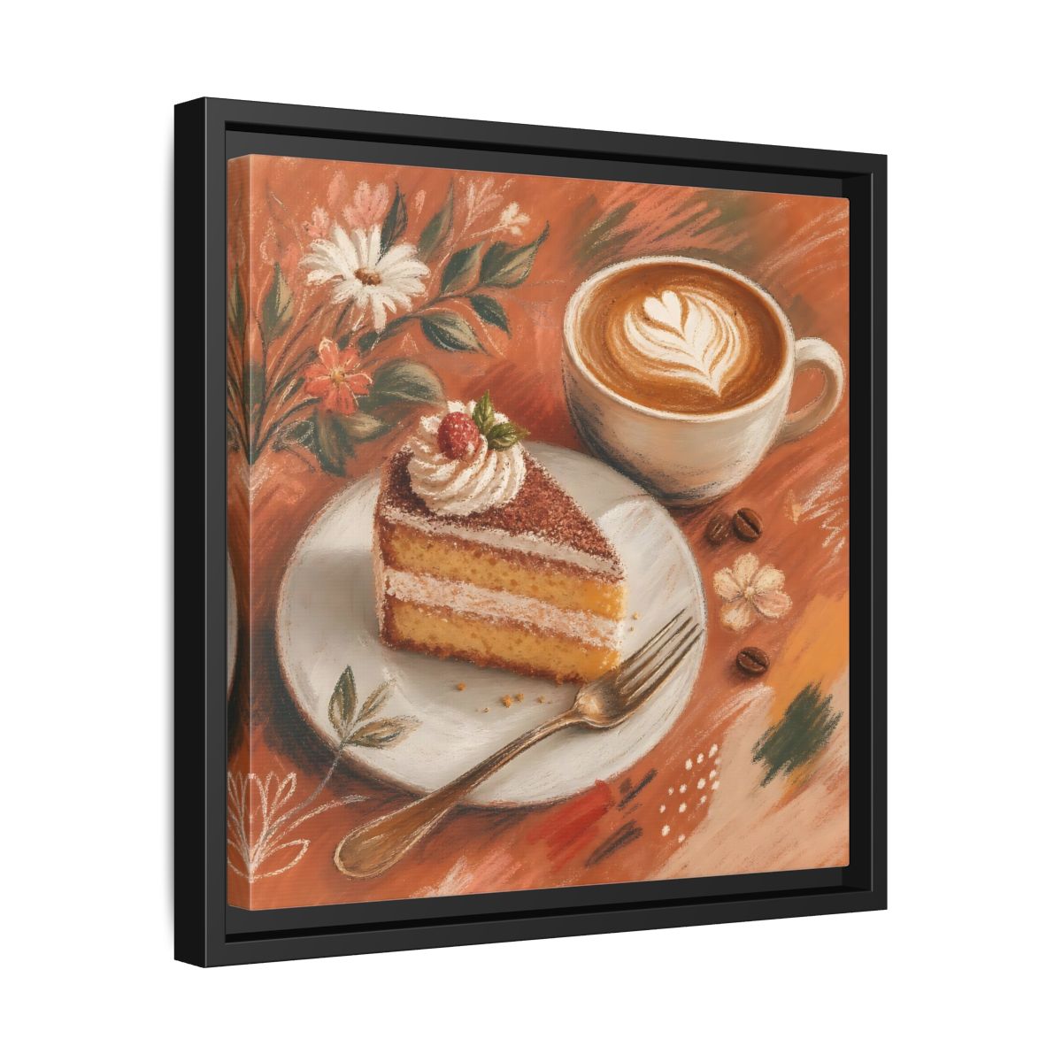 Side Mockup 32. Nature Coffee Cake Coffee Cake Art shown as stretched canvas wall art