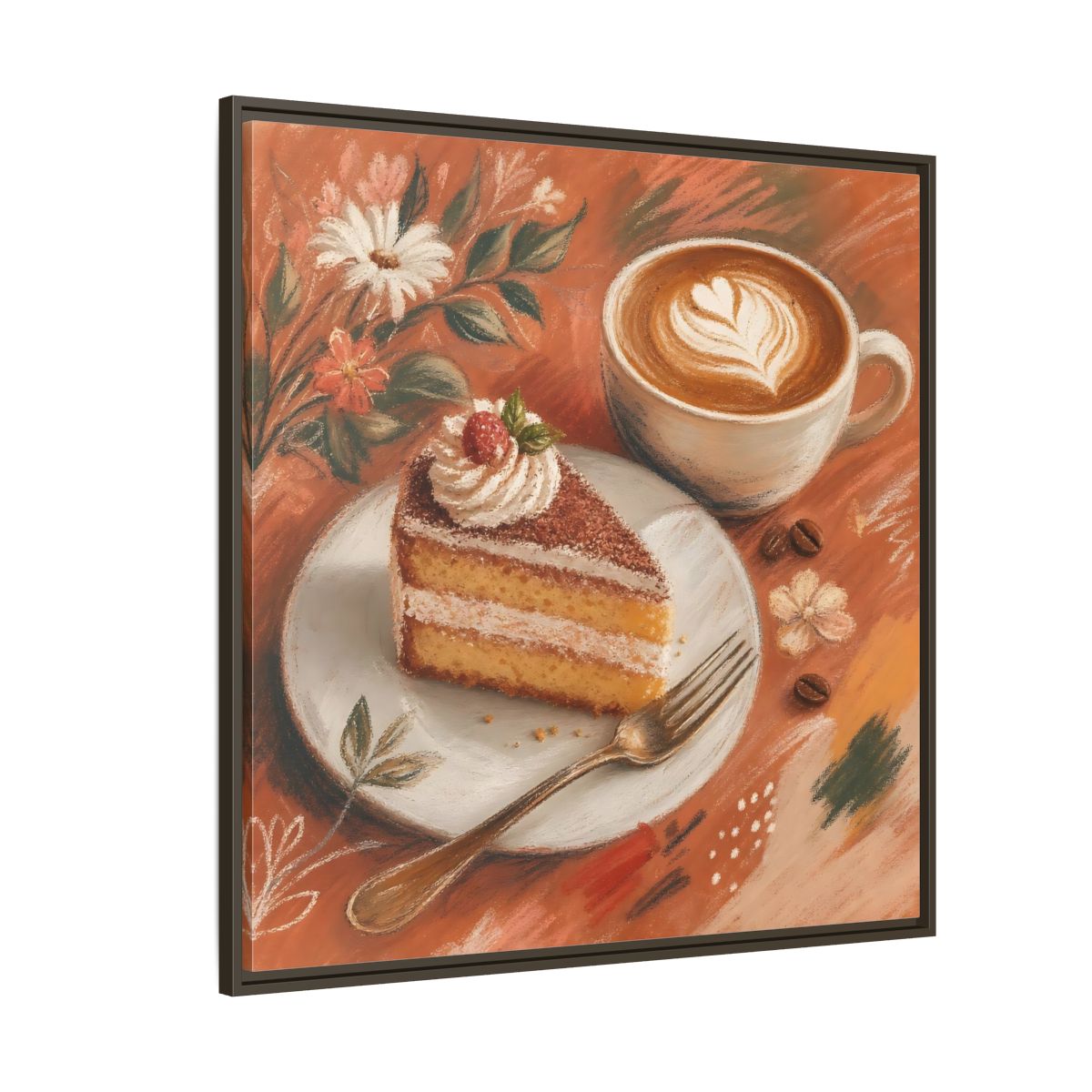Side Mockup 5. Nature Coffee Cake Coffee Cake Art shown as stretched canvas wall art