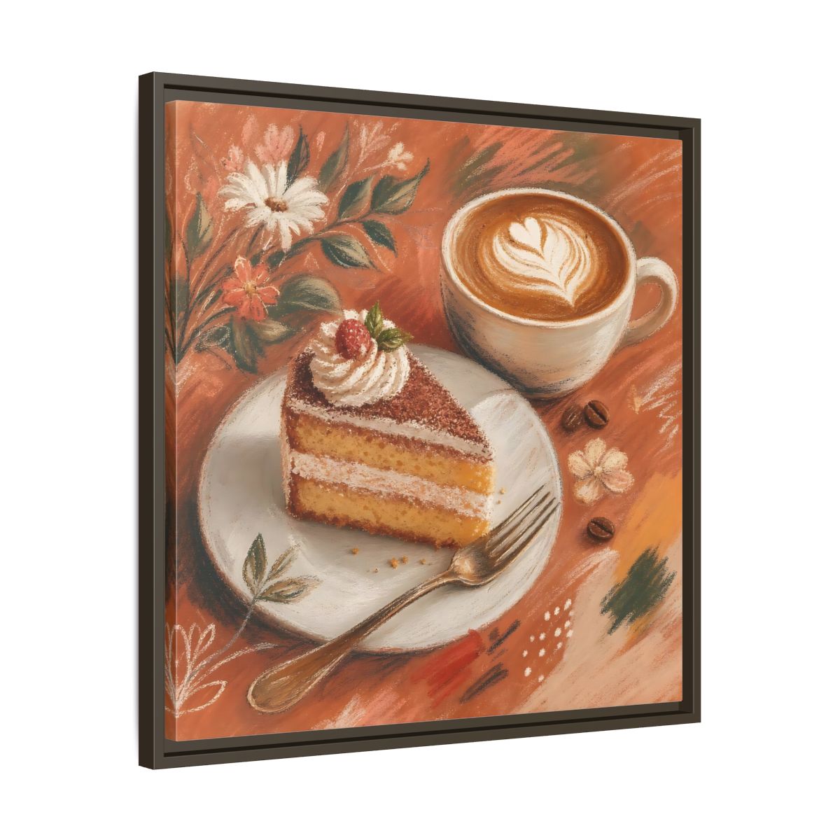 Side Mockup 27. Nature Coffee Cake Coffee Cake Art shown as stretched canvas wall art