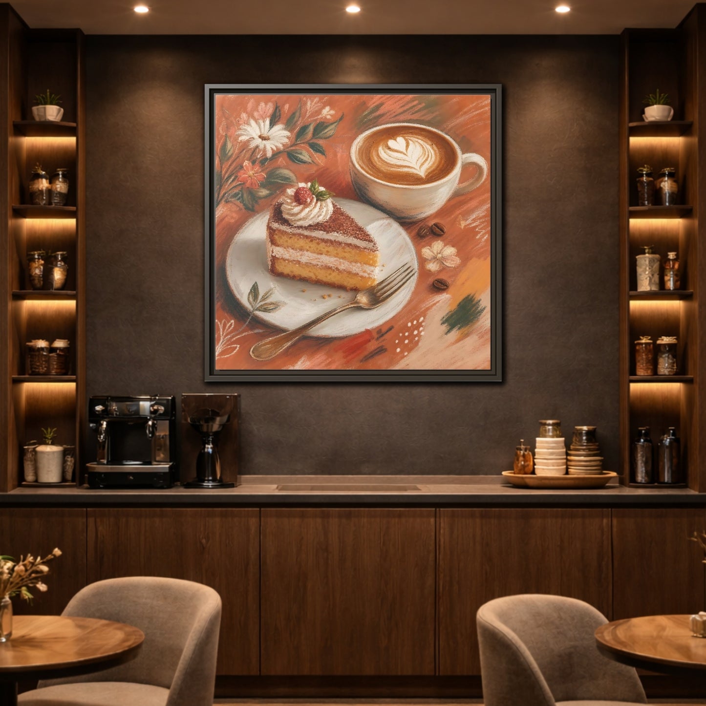 Mockup 2. Nature Coffee Cake Coffee Cake Art shown as stretched canvas wall art