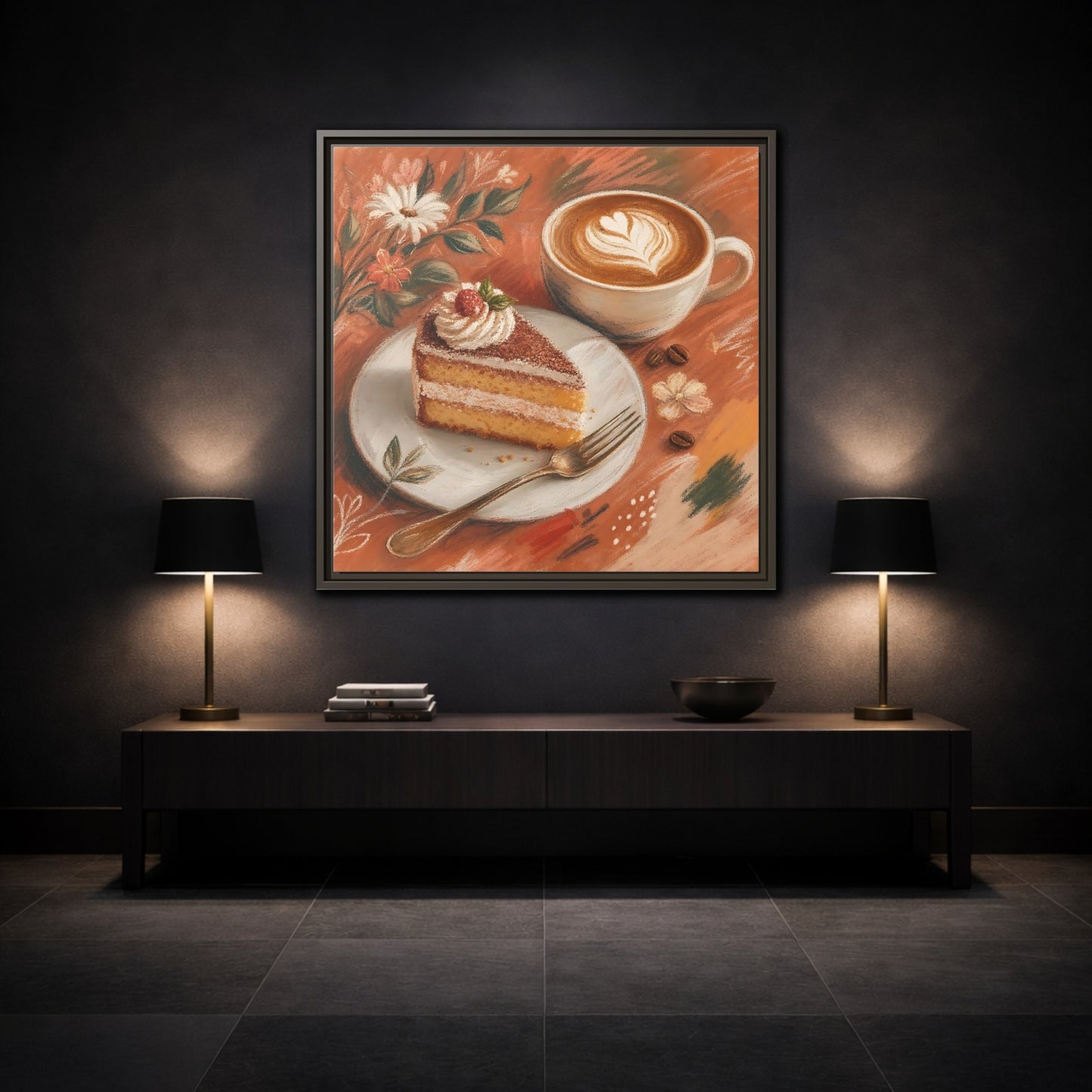 Mockup 3. Nature Coffee Cake Coffee Cake Art shown as stretched canvas wall art