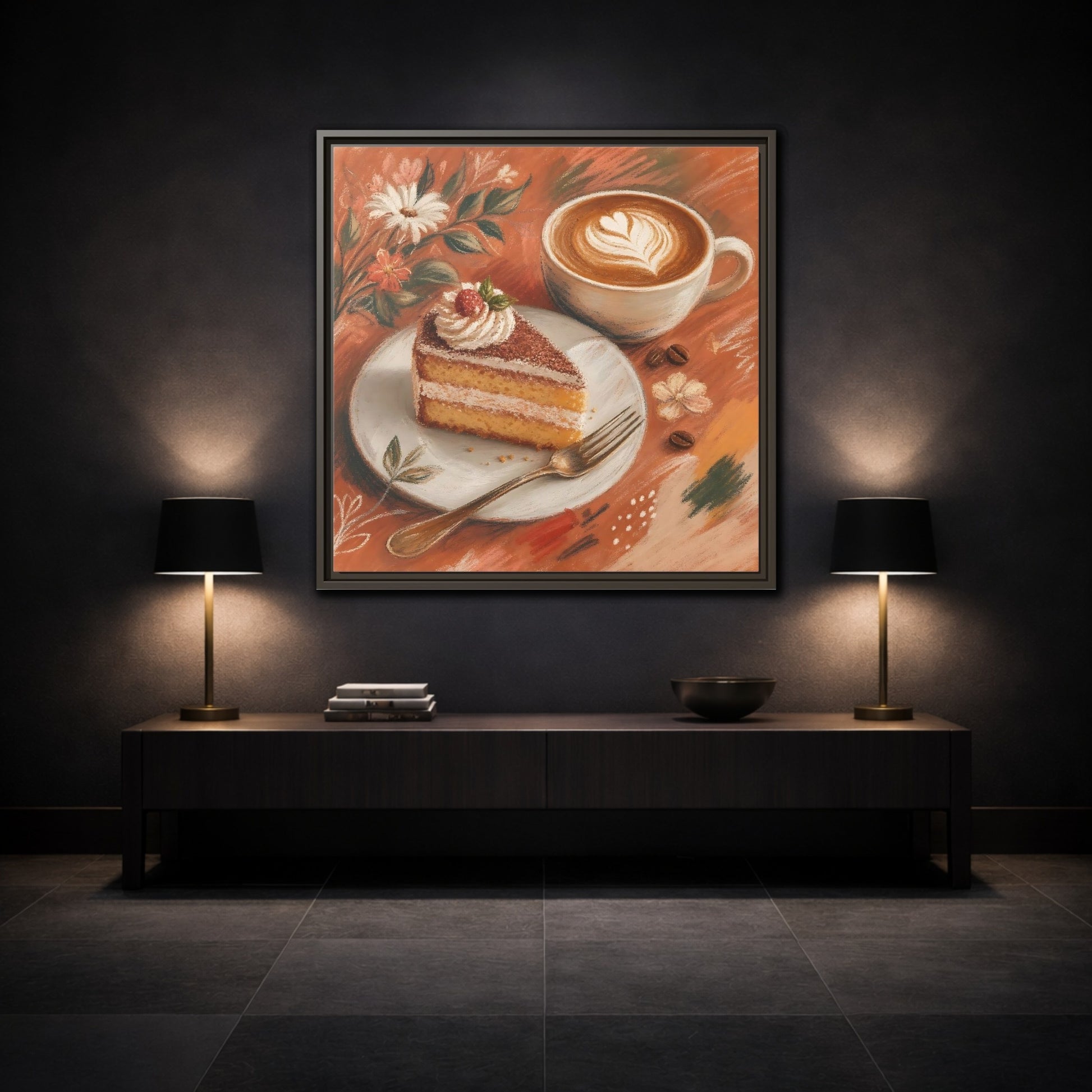 Mockup 3. Nature Coffee Cake Coffee Cake Art shown as stretched canvas wall art