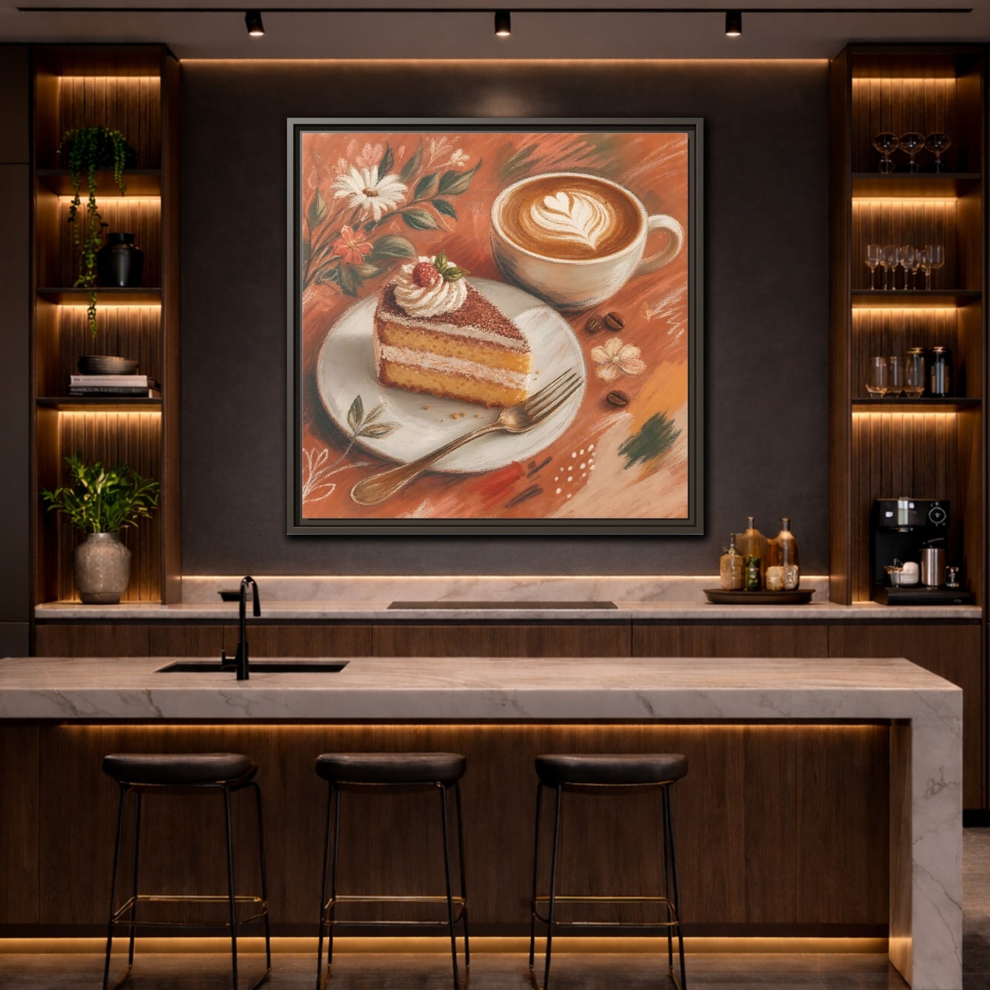 Mockup 4. Nature Coffee Cake Coffee Cake Art shown as stretched canvas wall art