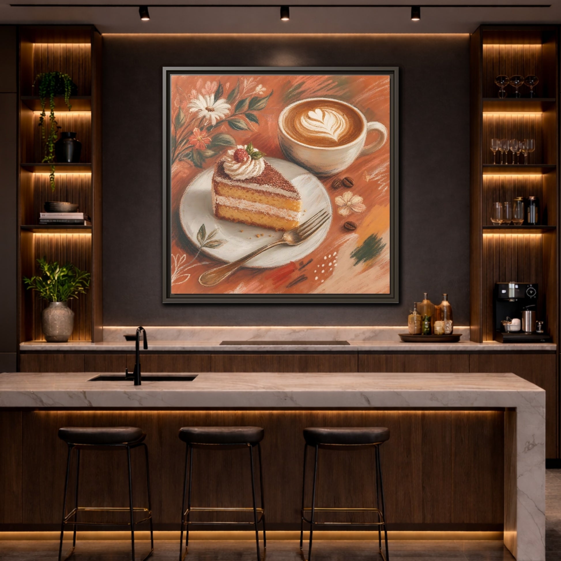 Mockup 4. Nature Coffee Cake Coffee Cake Art shown as stretched canvas wall art
