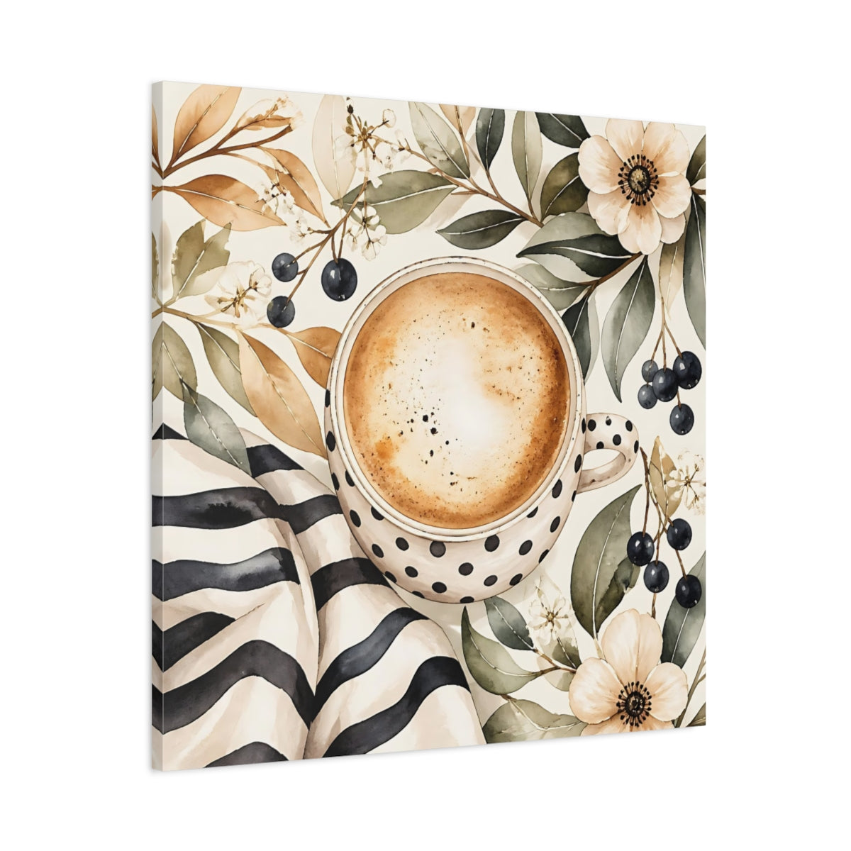 Main Mockup. Nature Coffee Cup Coffee Floral Watercolor shown as stretched canvas wall art