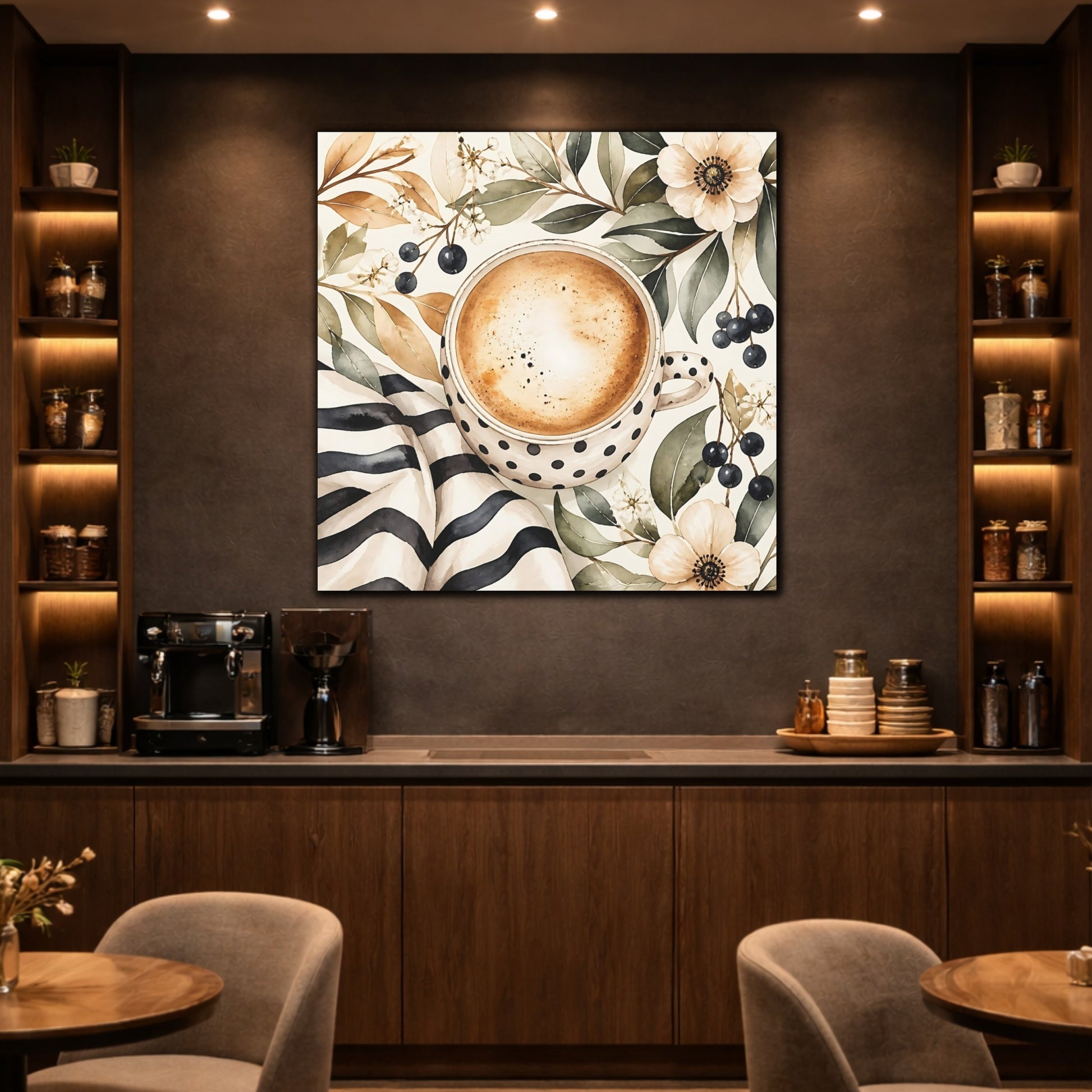 Mockup 2. Nature Coffee Cup Coffee Floral Watercolor shown as stretched canvas wall art