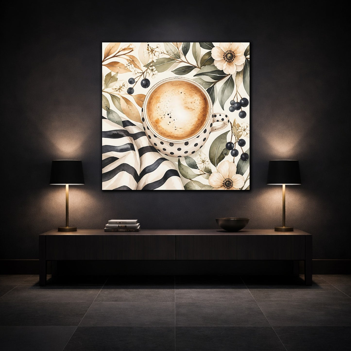 Mockup 3. Nature Coffee Cup Coffee Floral Watercolor shown as stretched canvas wall art