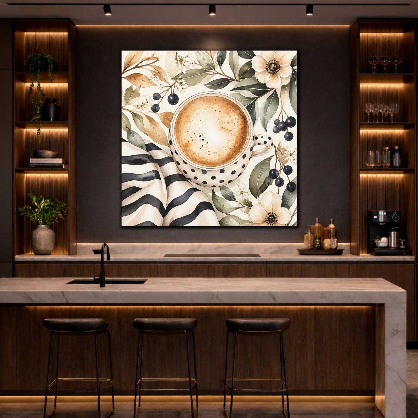 Mockup 4. Nature Coffee Cup Coffee Floral Watercolor shown as stretched canvas wall art