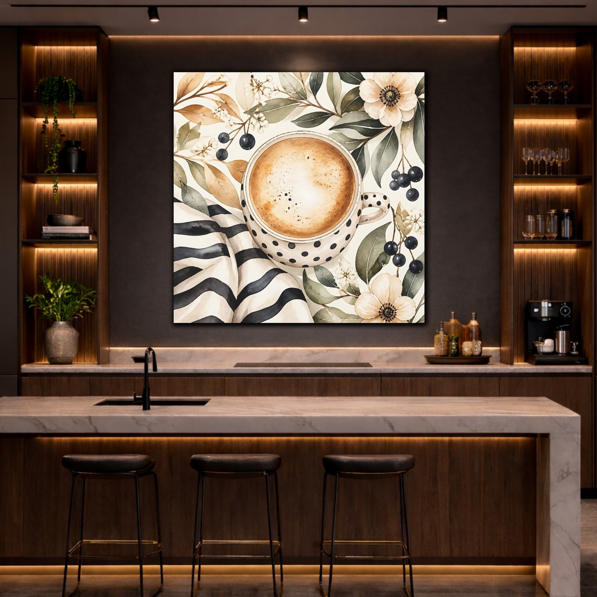 Mockup 4. Nature Coffee Cup Coffee Floral Watercolor shown as stretched canvas wall art