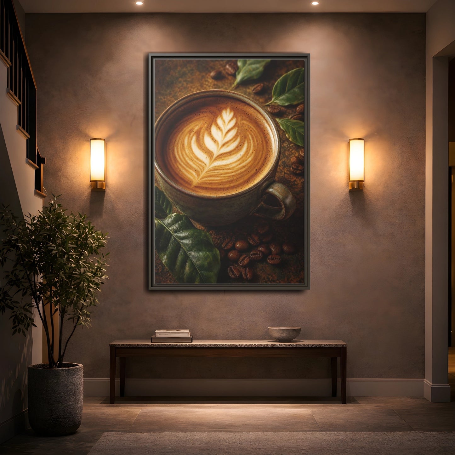 Nature Coffee Cup Earthy Art Framed Canvas Wall Print Framed Canvas Wall Art - Kitchen Decor, Feature shown as canvas wall art