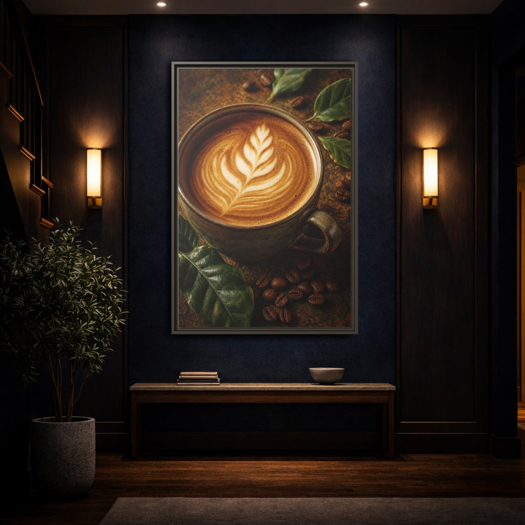 Mockup 4. Nature Coffee Cup Earthy Coffee Art shown as stretched canvas wall art