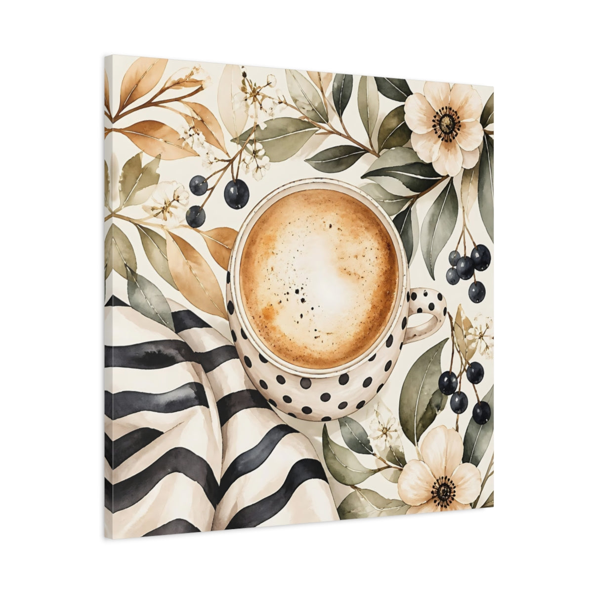 Side Mockup 3. Nature Coffee Cup Coffee Floral Watercolor shown as stretched canvas wall art