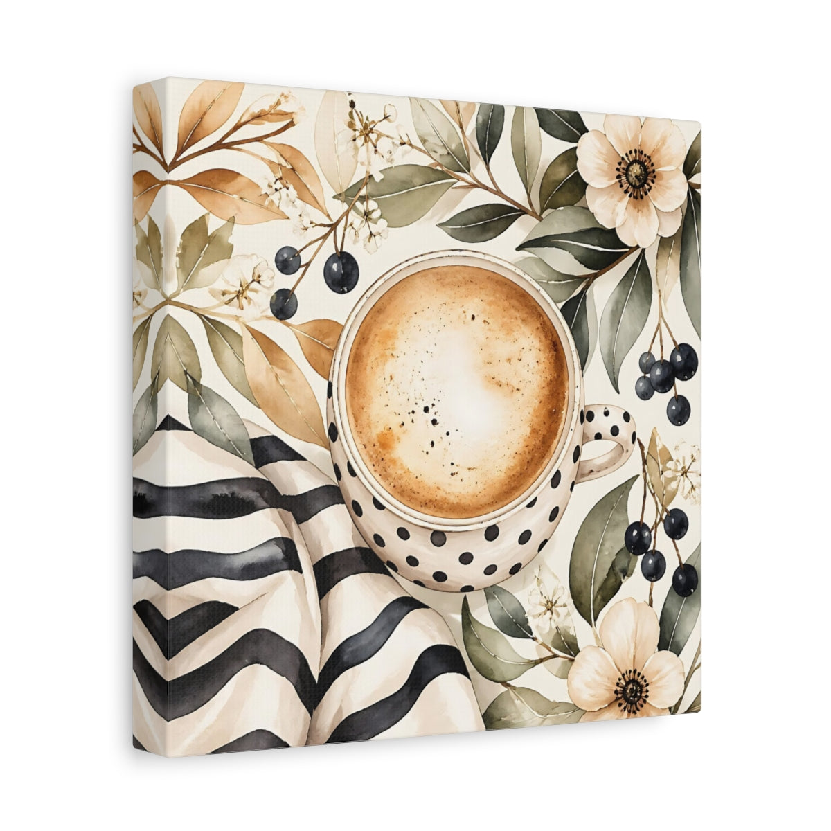 Side Mockup 9. Nature Coffee Cup Coffee Floral Watercolor shown as stretched canvas wall art