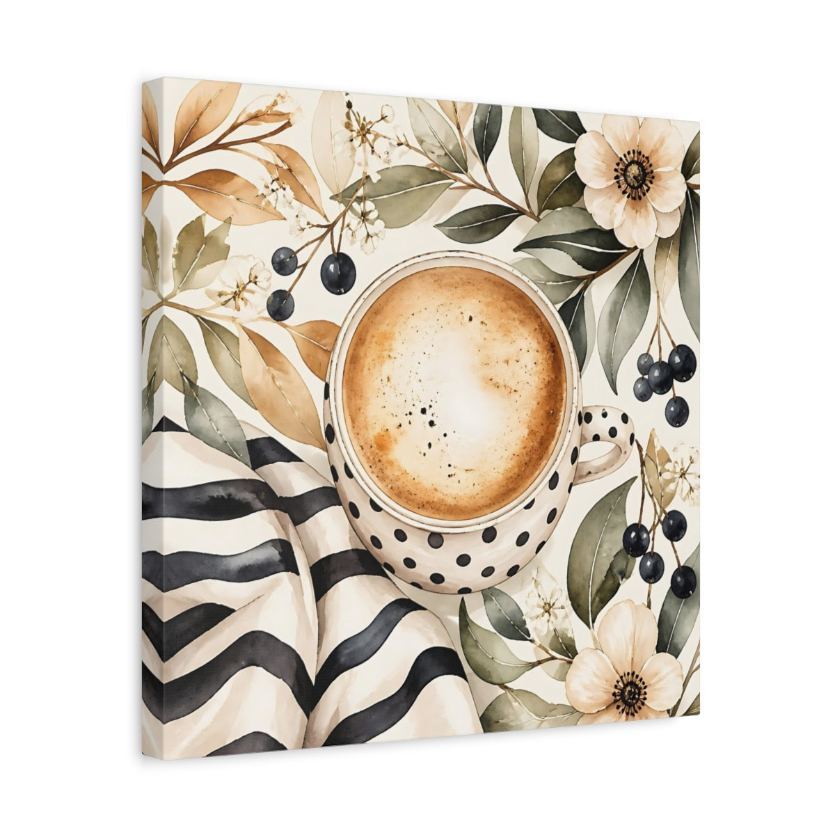Side Mockup 6. Nature Coffee Cup Coffee Floral Watercolor shown as stretched canvas wall art
