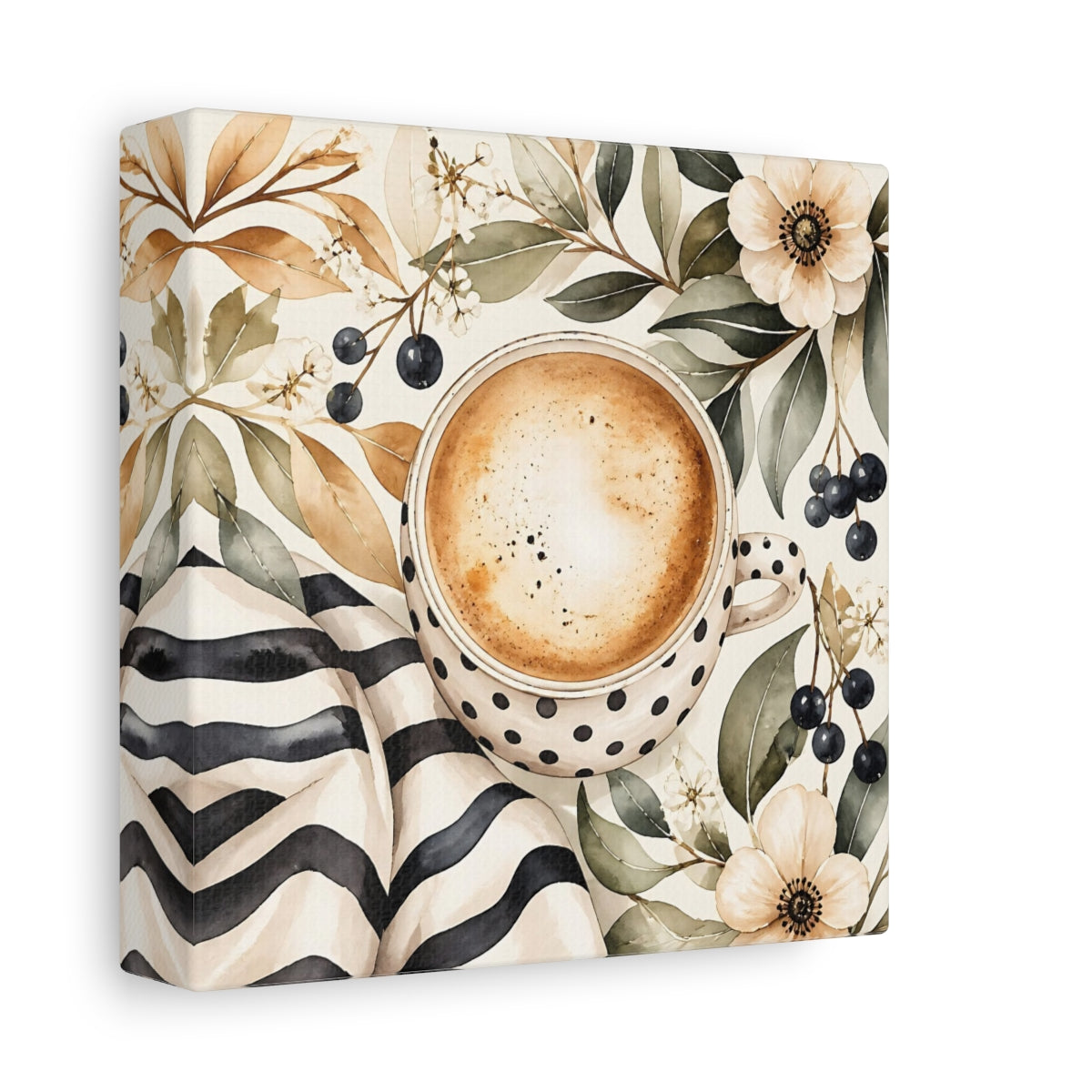 Side Mockup 2. Nature Coffee Cup Coffee Floral Watercolor shown as stretched canvas wall art