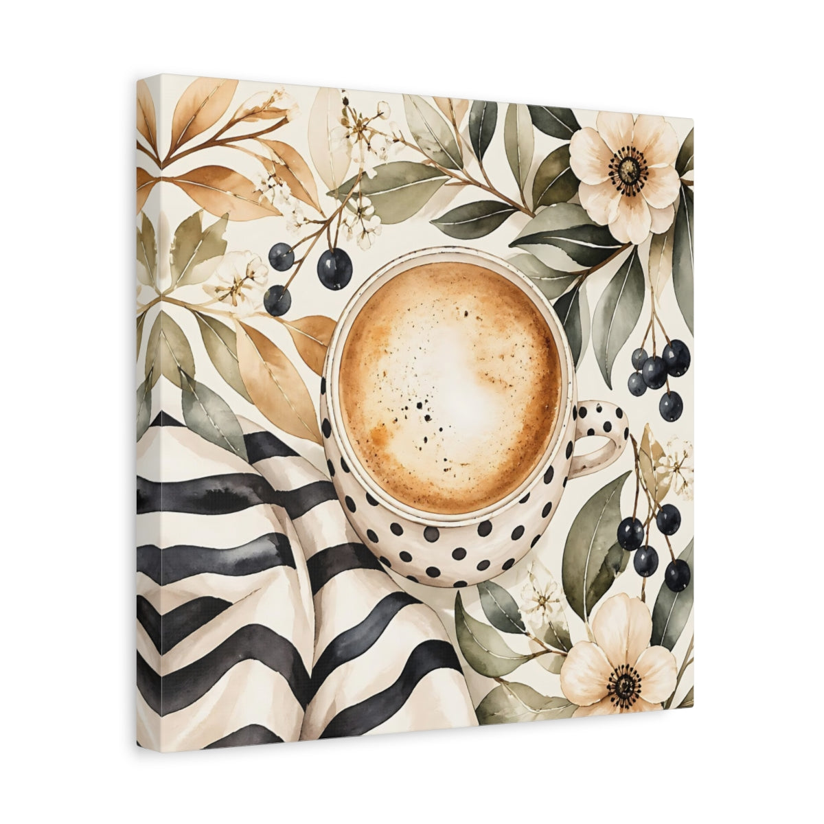 Side Mockup 7. Nature Coffee Cup Coffee Floral Watercolor shown as stretched canvas wall art
