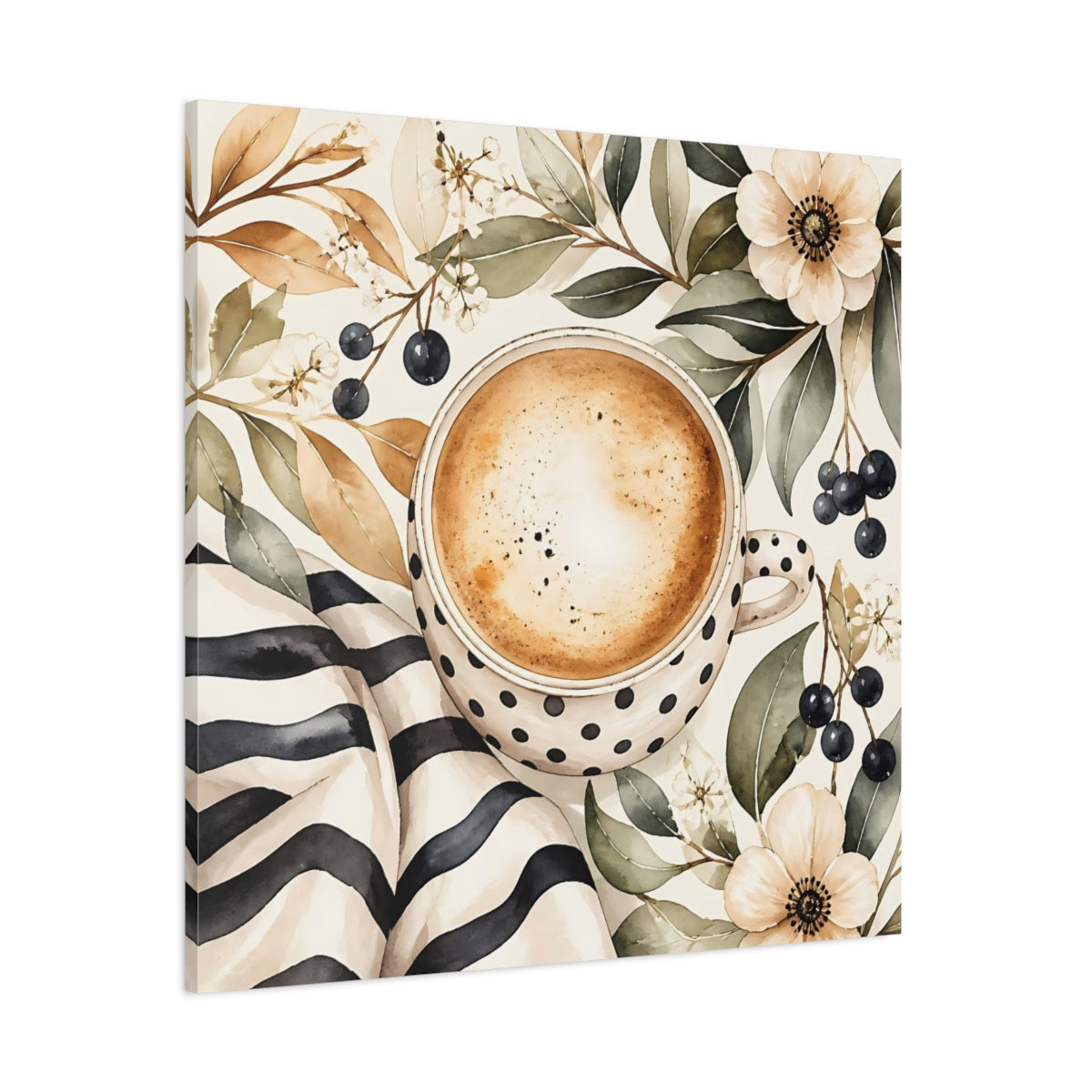 Side Mockup 1. Nature Coffee Cup Coffee Floral Watercolor shown as stretched canvas wall art