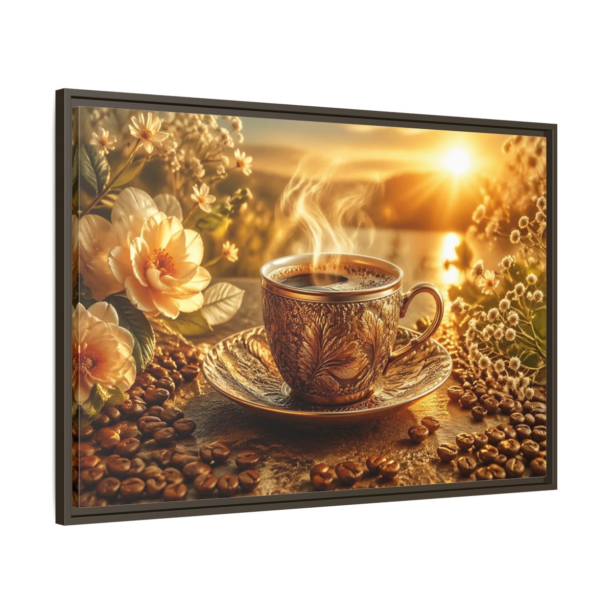 Main Mockup. Nature Coffee Cup Golden Coffee shown as stretched canvas wall art