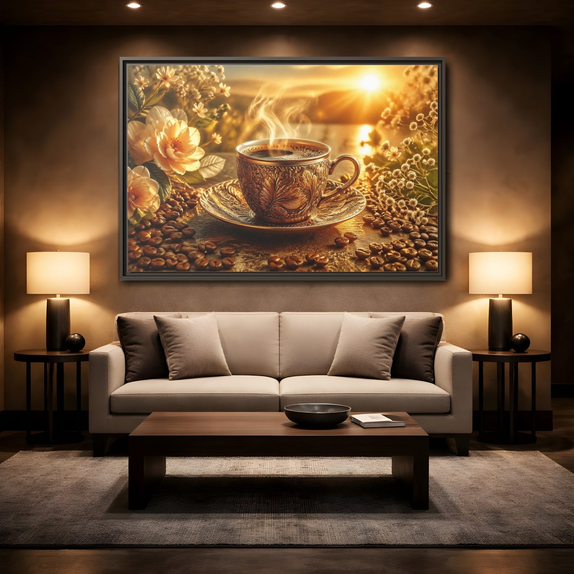 Mockup 2. Nature Coffee Cup Golden Coffee shown as stretched canvas wall art