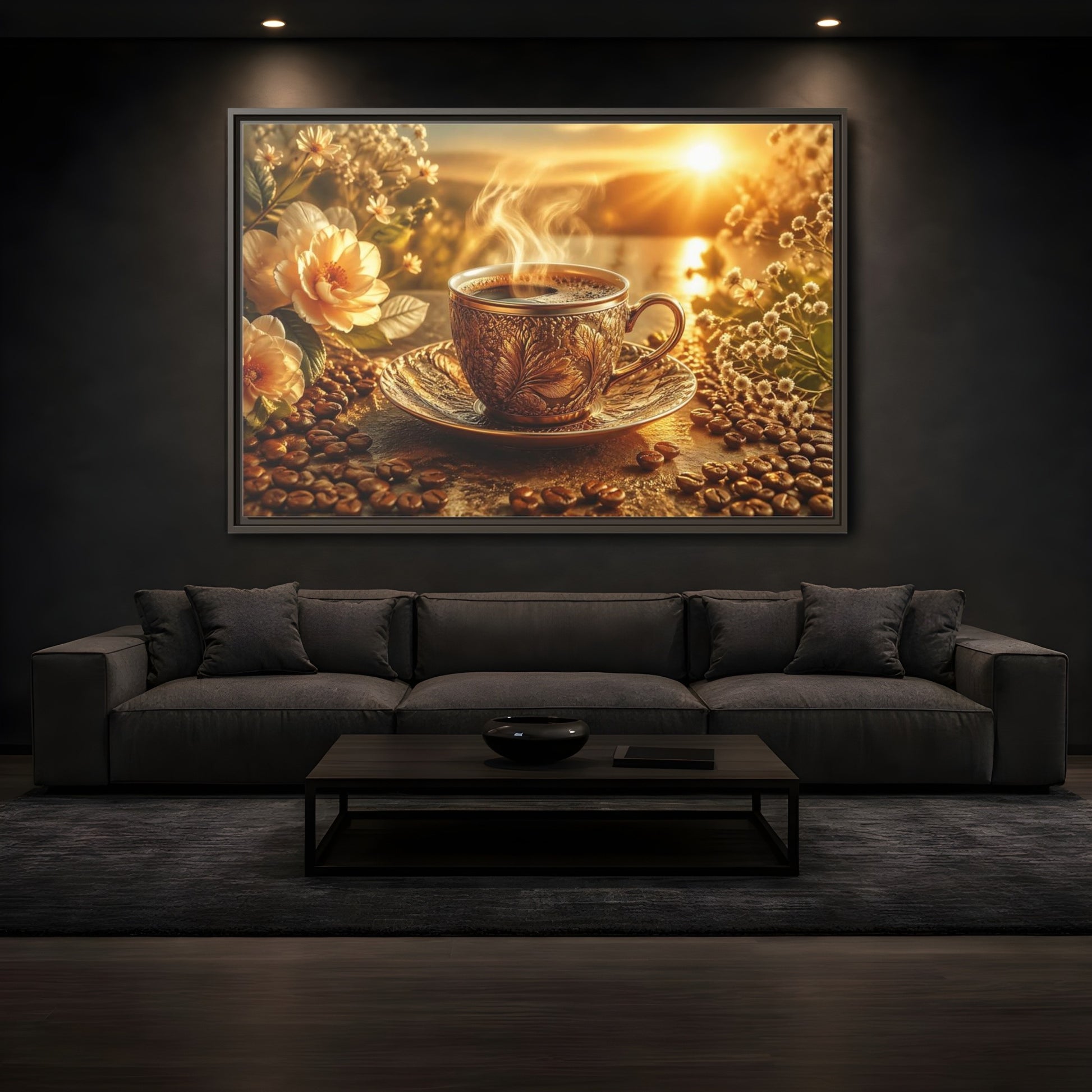Mockup 3. Nature Coffee Cup Golden Coffee shown as stretched canvas wall art