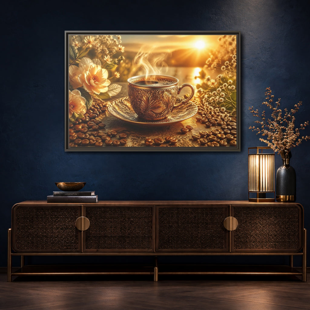 Mockup 4. Nature Coffee Cup Golden Coffee shown as stretched canvas wall art