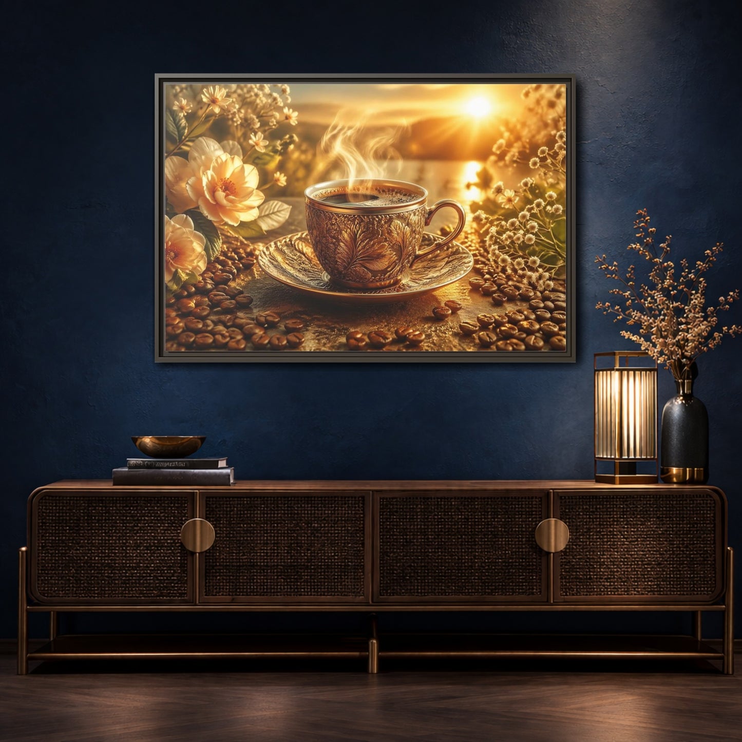 Mockup 4. Nature Coffee Cup Golden Coffee shown as stretched canvas wall art