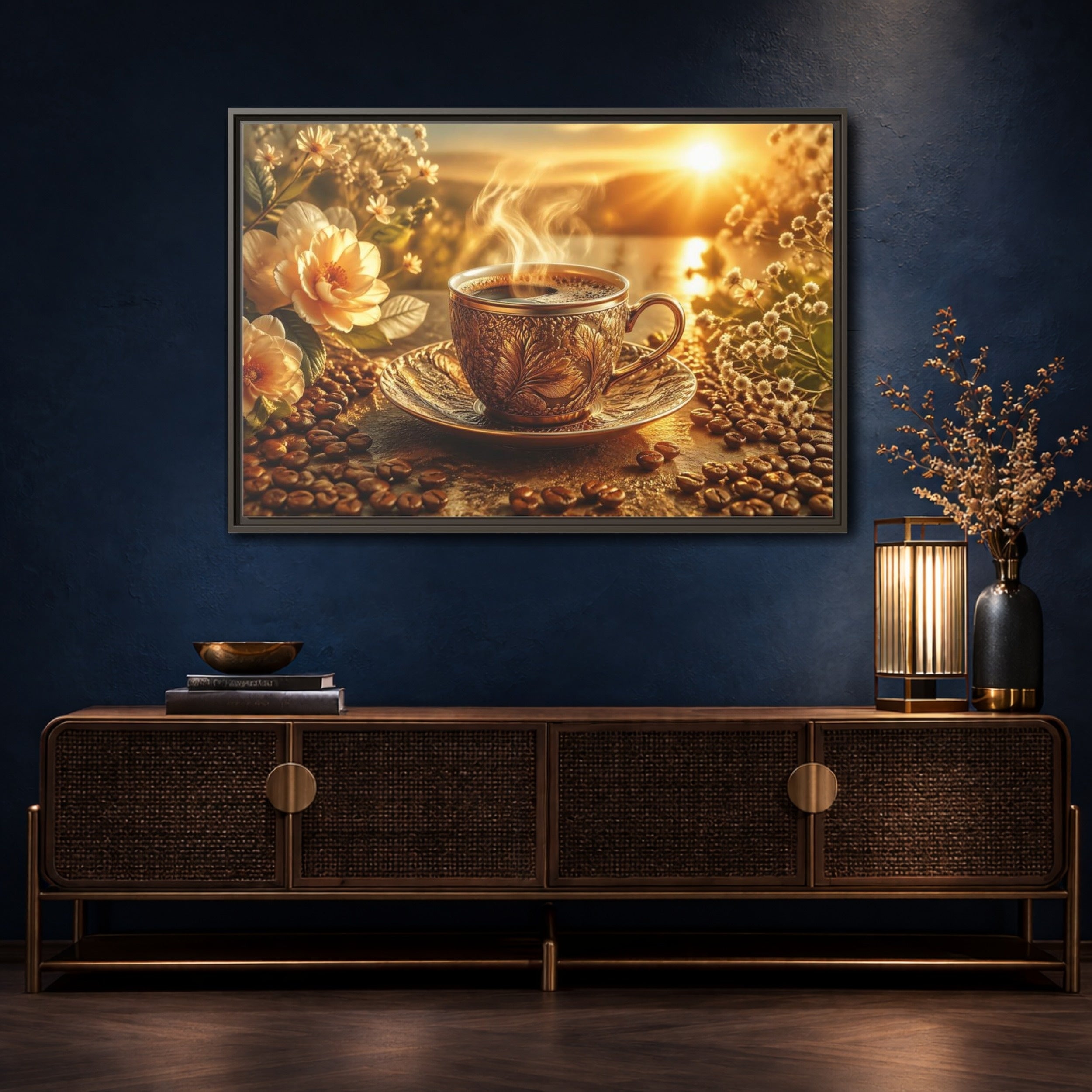 Mockup 4. Nature Coffee Cup Golden Coffee shown as stretched canvas wall art