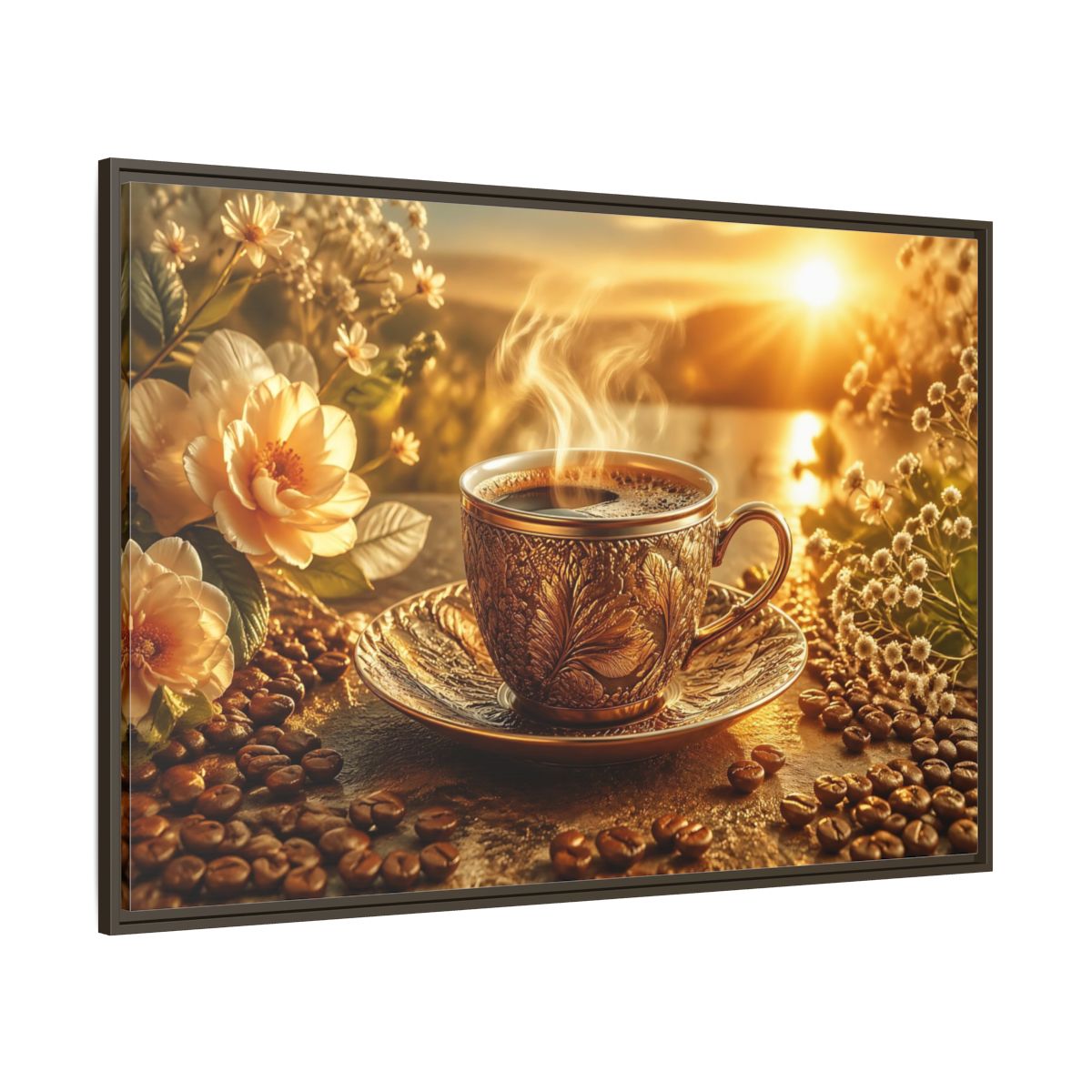 Side Mockup 8. Nature Coffee Cup Golden Coffee shown as stretched canvas wall art
