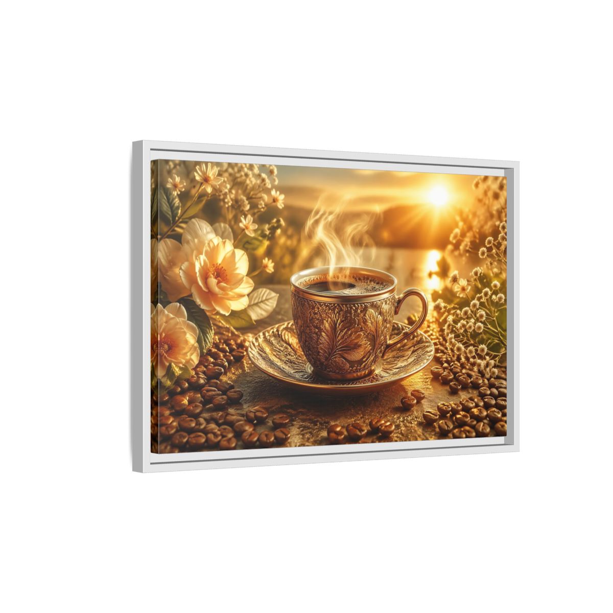 Side Mockup 1. Nature Coffee Cup Golden Coffee shown as stretched canvas wall art