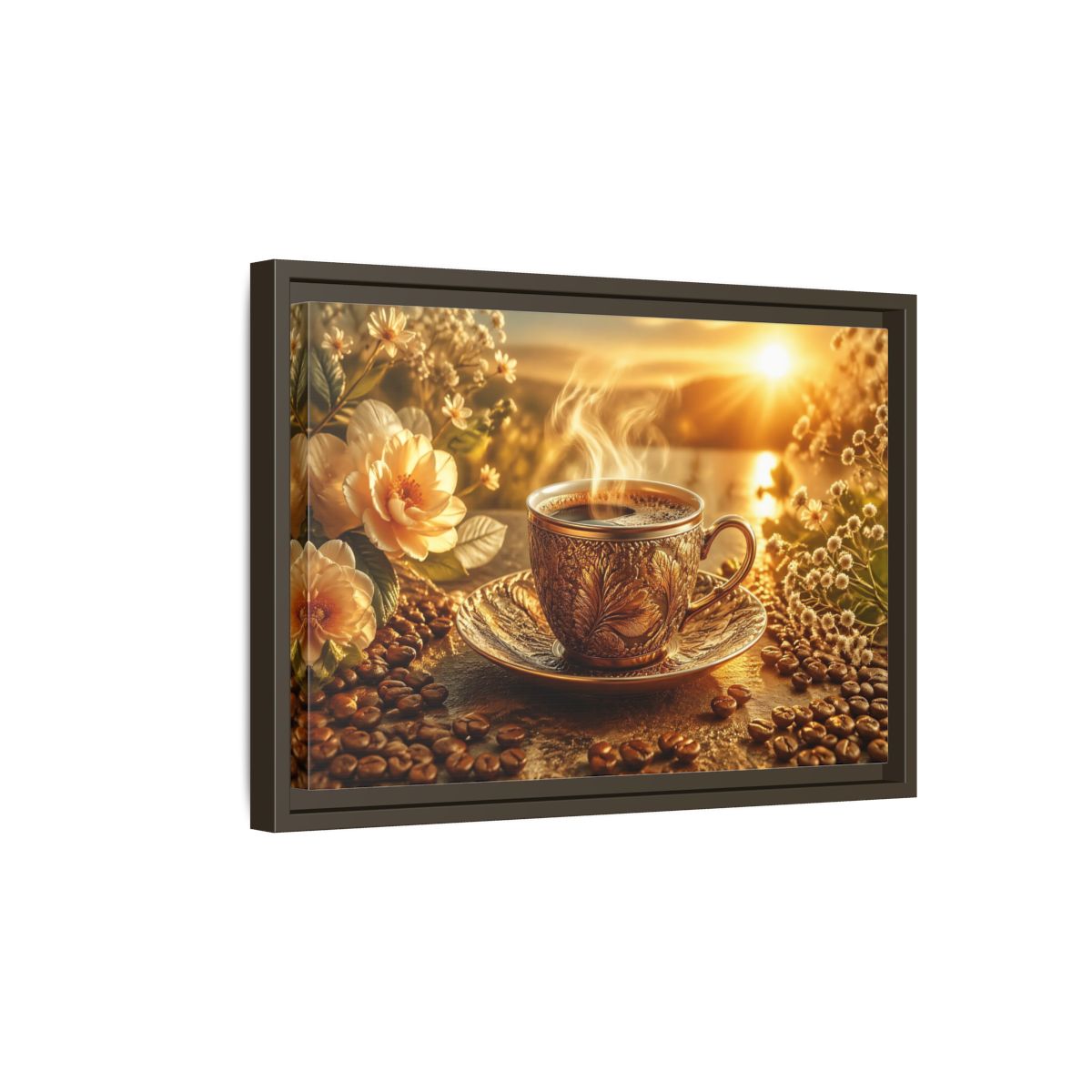 Side Mockup 5. Nature Coffee Cup Golden Coffee shown as stretched canvas wall art