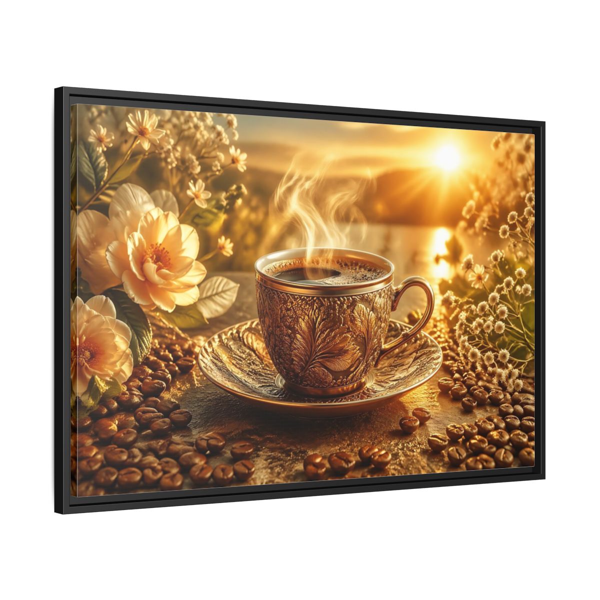 Side Mockup 13. Nature Coffee Cup Golden Coffee shown as stretched canvas wall art
