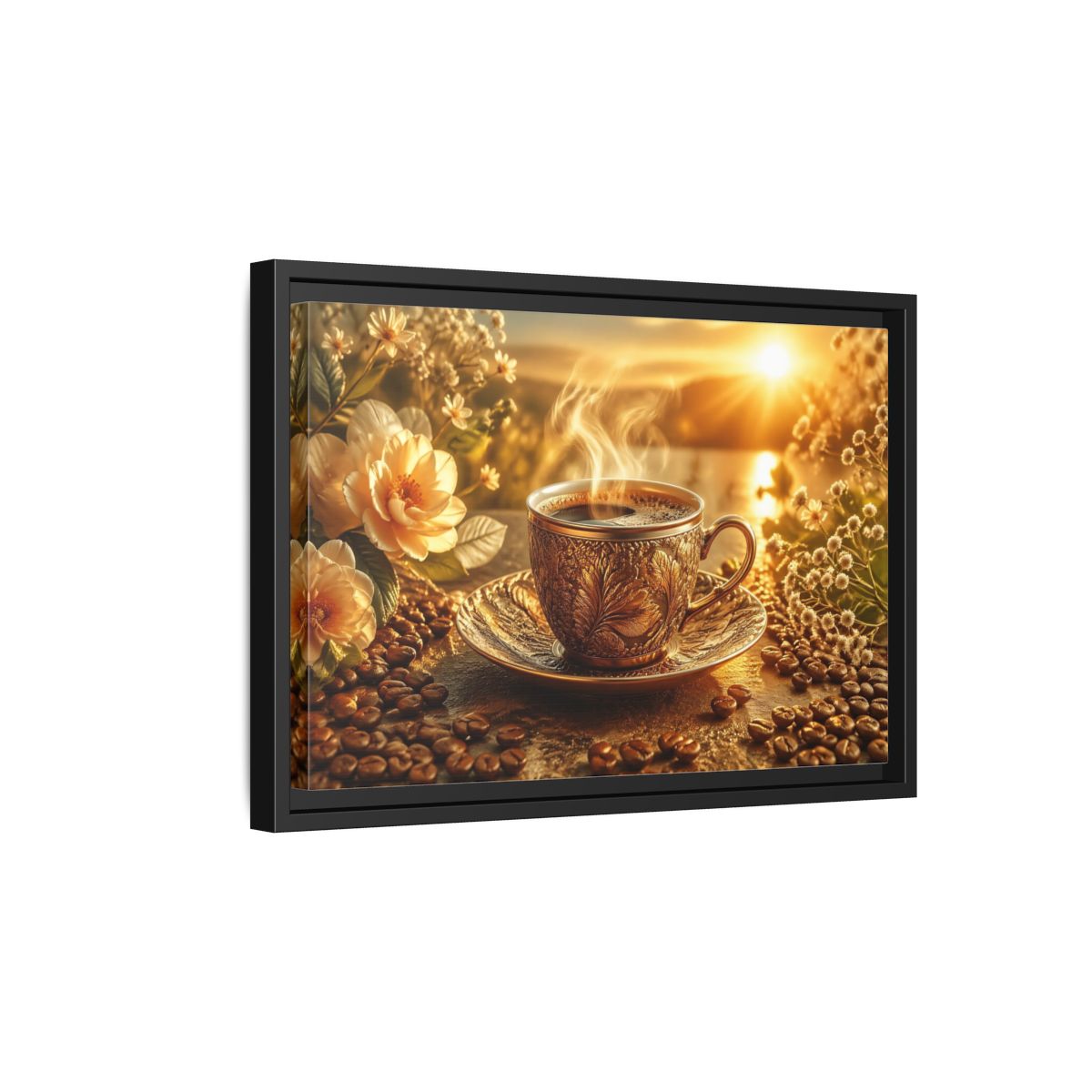 Side Mockup 6. Nature Coffee Cup Golden Coffee shown as stretched canvas wall art