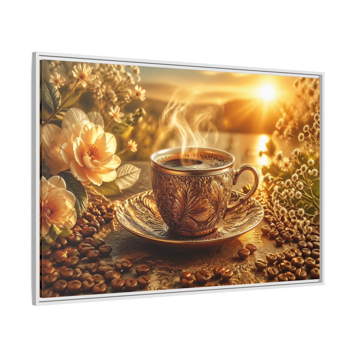 Side Mockup 7. Nature Coffee Cup Golden Coffee shown as stretched canvas wall art