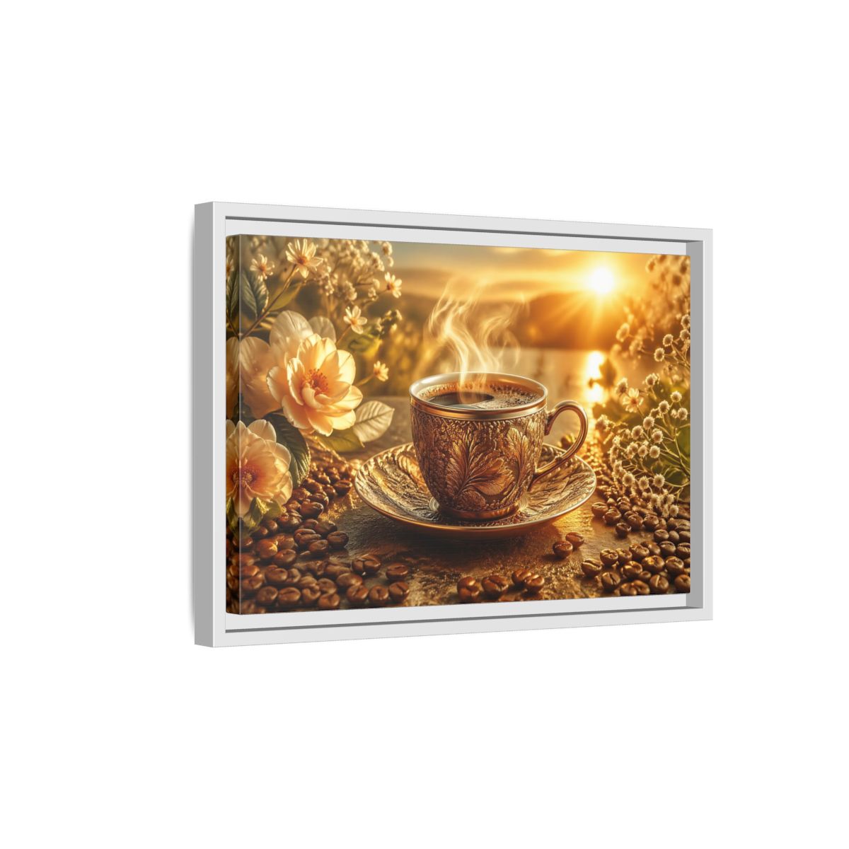 Side Mockup 4. Nature Coffee Cup Golden Coffee shown as stretched canvas wall art