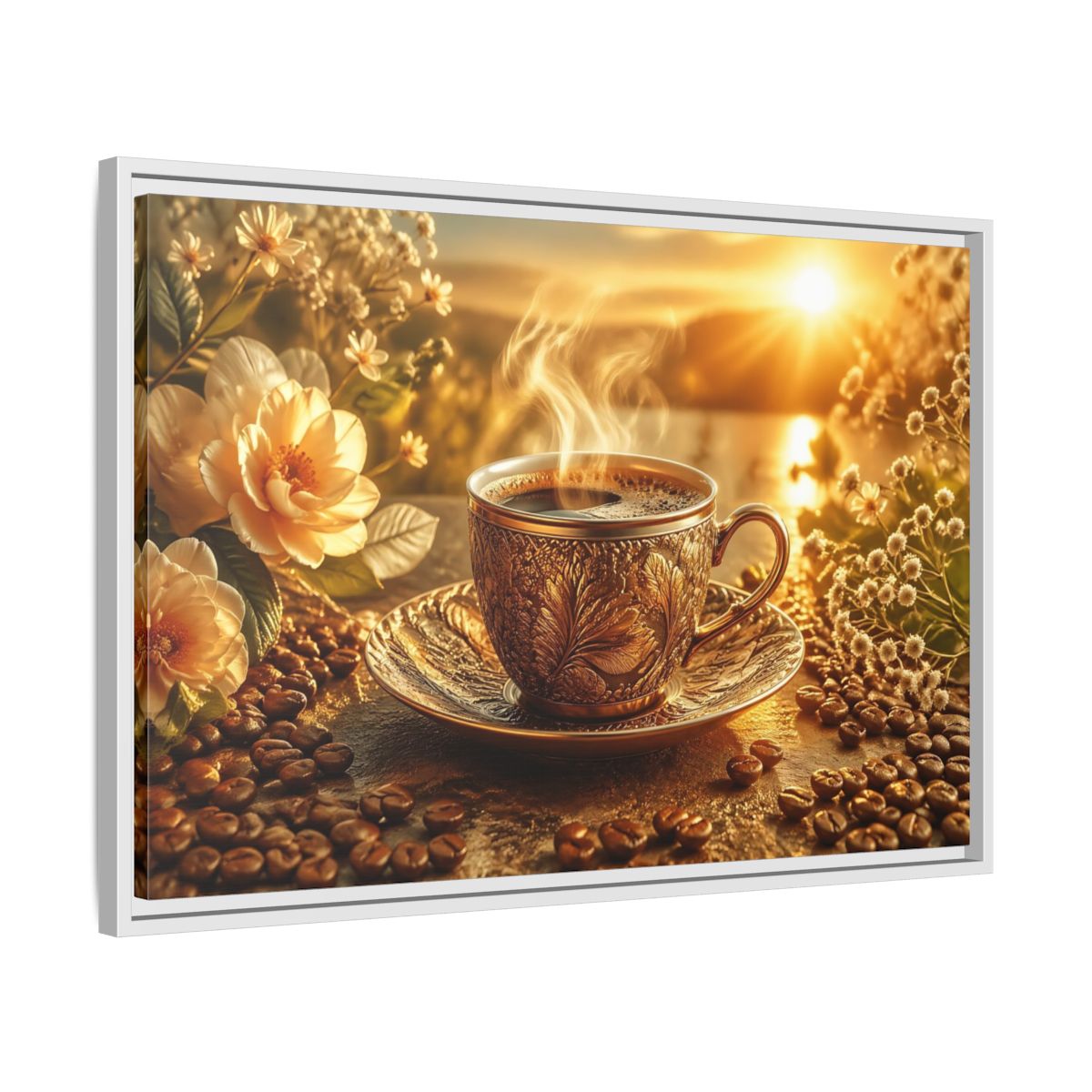 Side Mockup 10. Nature Coffee Cup Golden Coffee shown as stretched canvas wall art