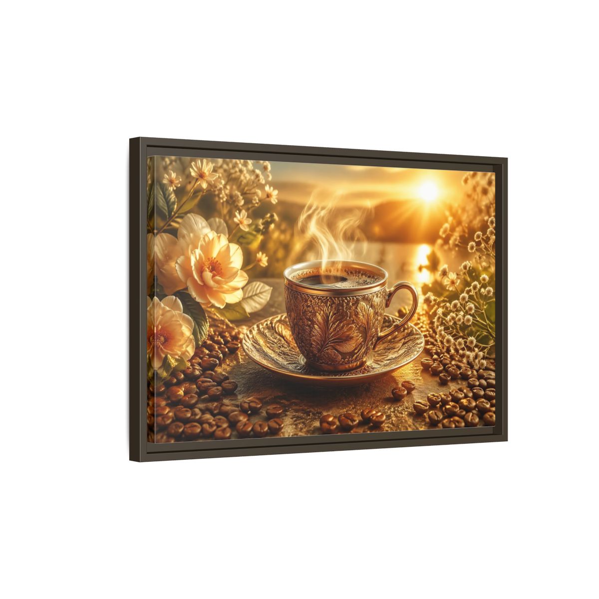 Side Mockup 2. Nature Coffee Cup Golden Coffee shown as stretched canvas wall art