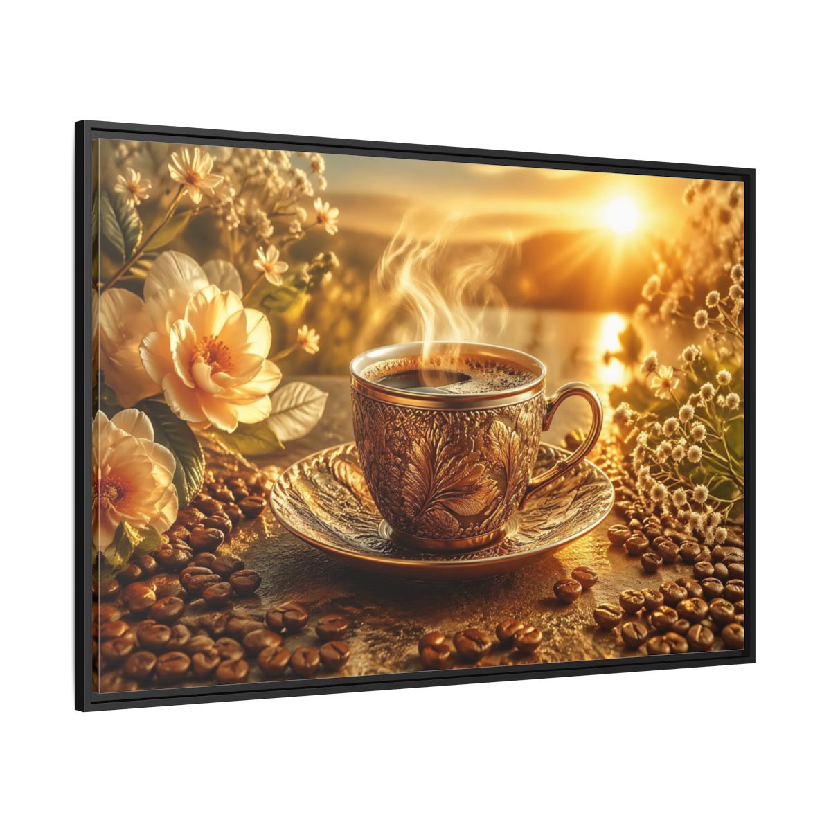 Side Mockup 12. Nature Coffee Cup Golden Coffee shown as stretched canvas wall art
