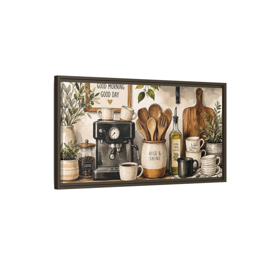 Main Mockup. Nature Coffee Station Rustic Coffee shown as framed canvas print